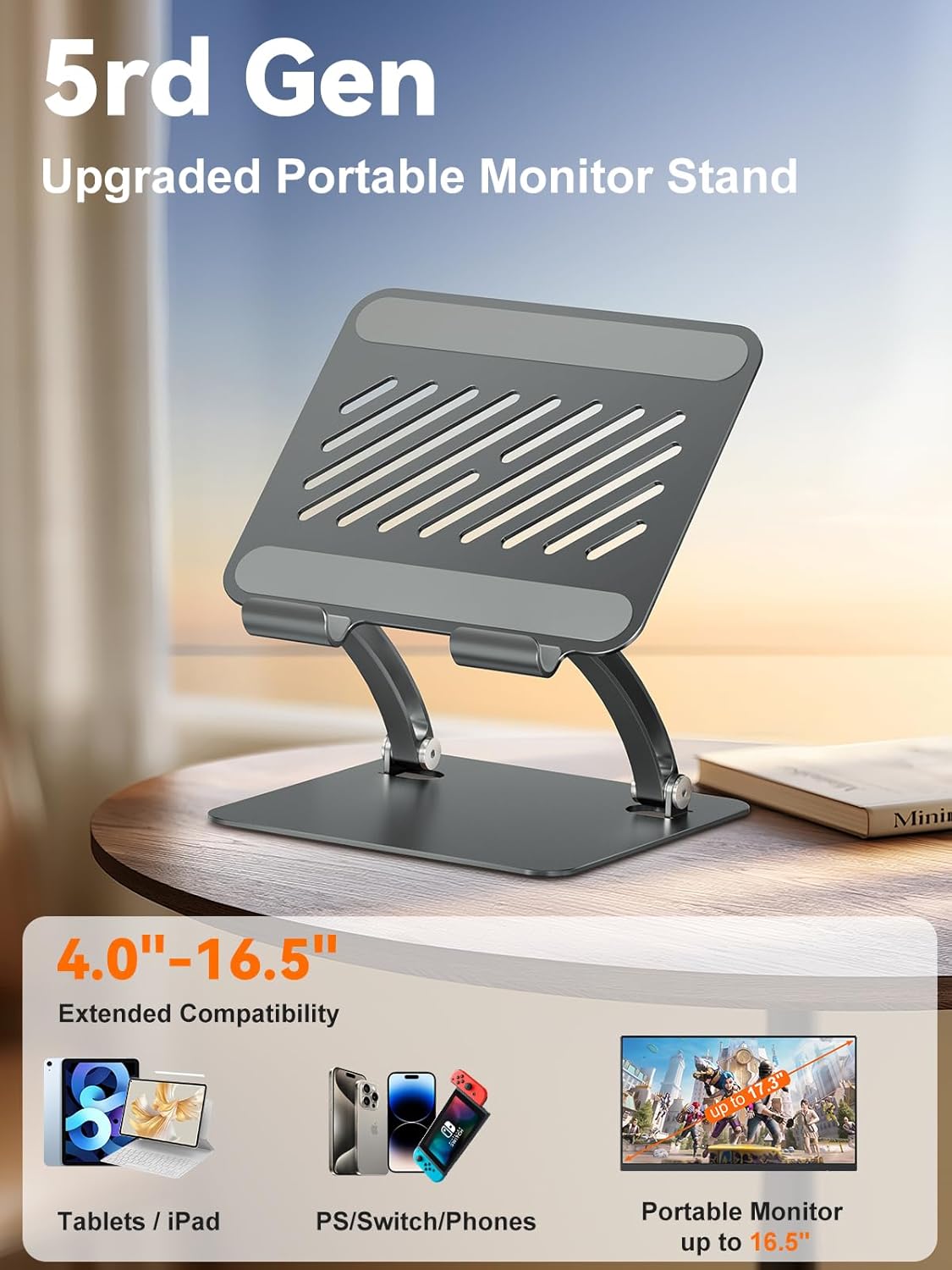 tounee Tablet Holder Stand, Dual Rod Adjustable Aluminum Desktop Stand, Compatible with 4.7-16.5" iPads, Surface Tablets, Portable Monitors, Kindle & More (Gray) - Image 3