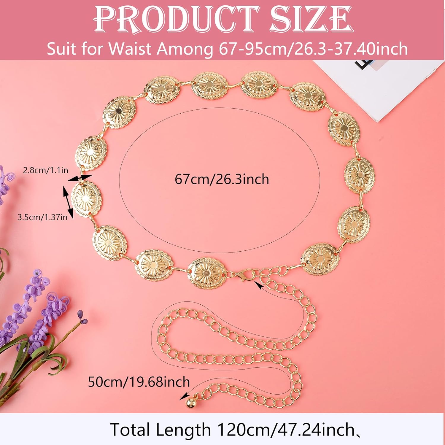 Western Metal Concho Belt, Hollow Out Daisy Chain Belt Adjustable Boho Waist Chain Country Concert Outfit for Dress - Image 4