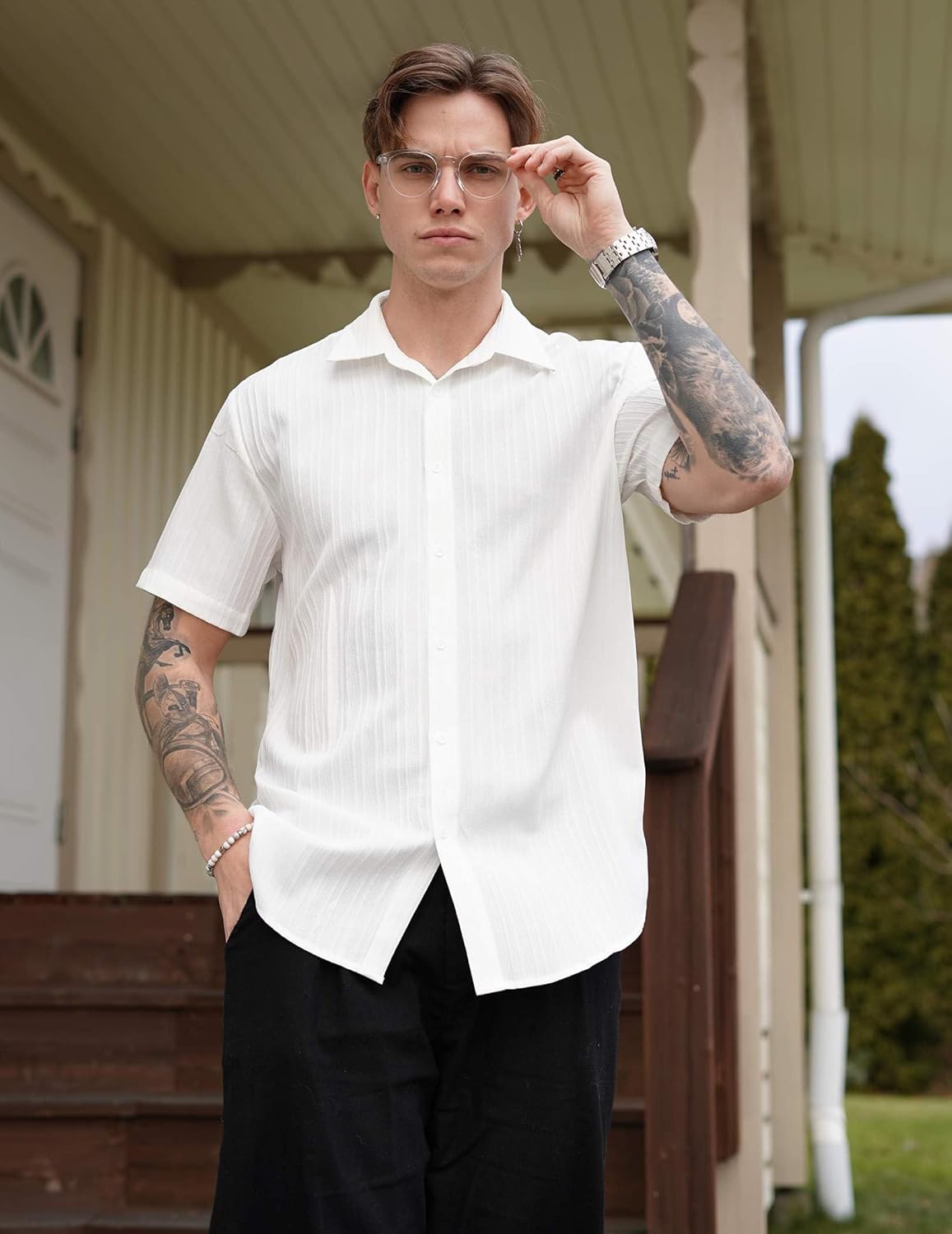 COOFANDY Men's Casual Button Down Shirts Short Sleeve Textured Summer Beach Shirts - Image 3