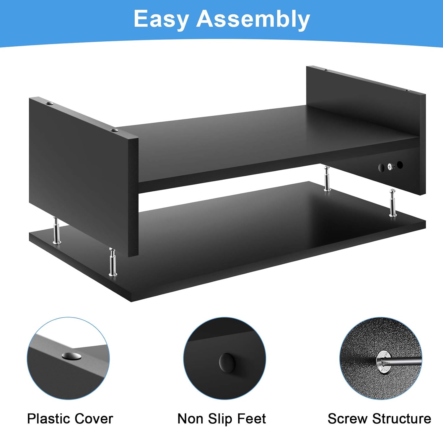 Marbrasse Monitor Stand Riser, 16.5 Inch 2 Tier Computer Printer Shelf Stand for Laptop Computer Screen Storage, Desktop Stand with Phone Holder and Cable Management Black - Image 4