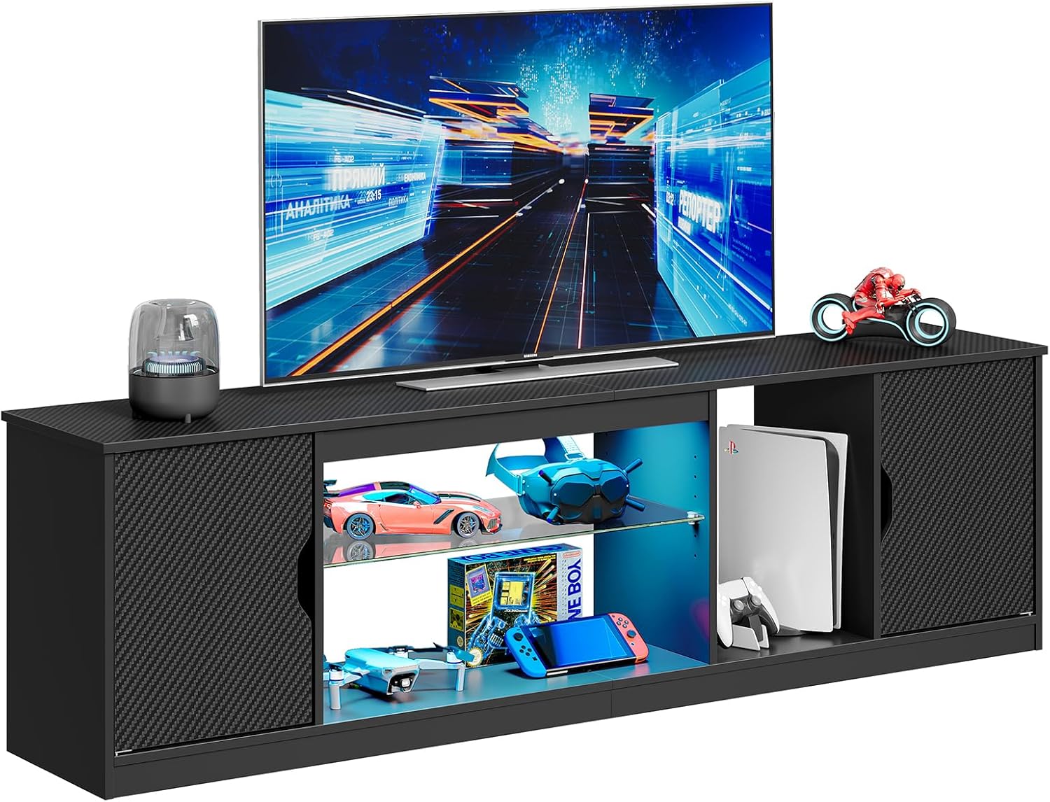 Bestier LED TV Stand for 65/75/80 inch TV, 70 inch Entertainment Center with Adjustable Glass Shelf & Storage Cabinet for PS5 Xbox, Modern TV Console Table for Living Room Bedroom, Black Carbon Fiber - Image 8