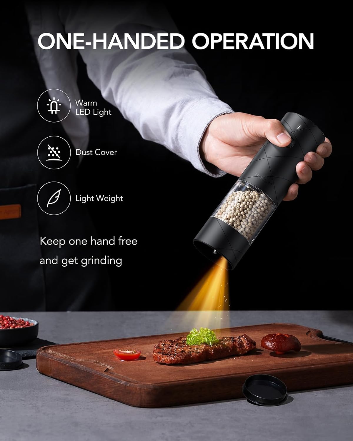 FORLIM Electric Salt and Pepper Grinder Set, USB Rechargeable, Automatic Salt Pepper Mill Grinder with Dust Cover, One-Button Control, Adjustable Coarseness, Warm LED Light (2 Packs, Black&White) - Image 5