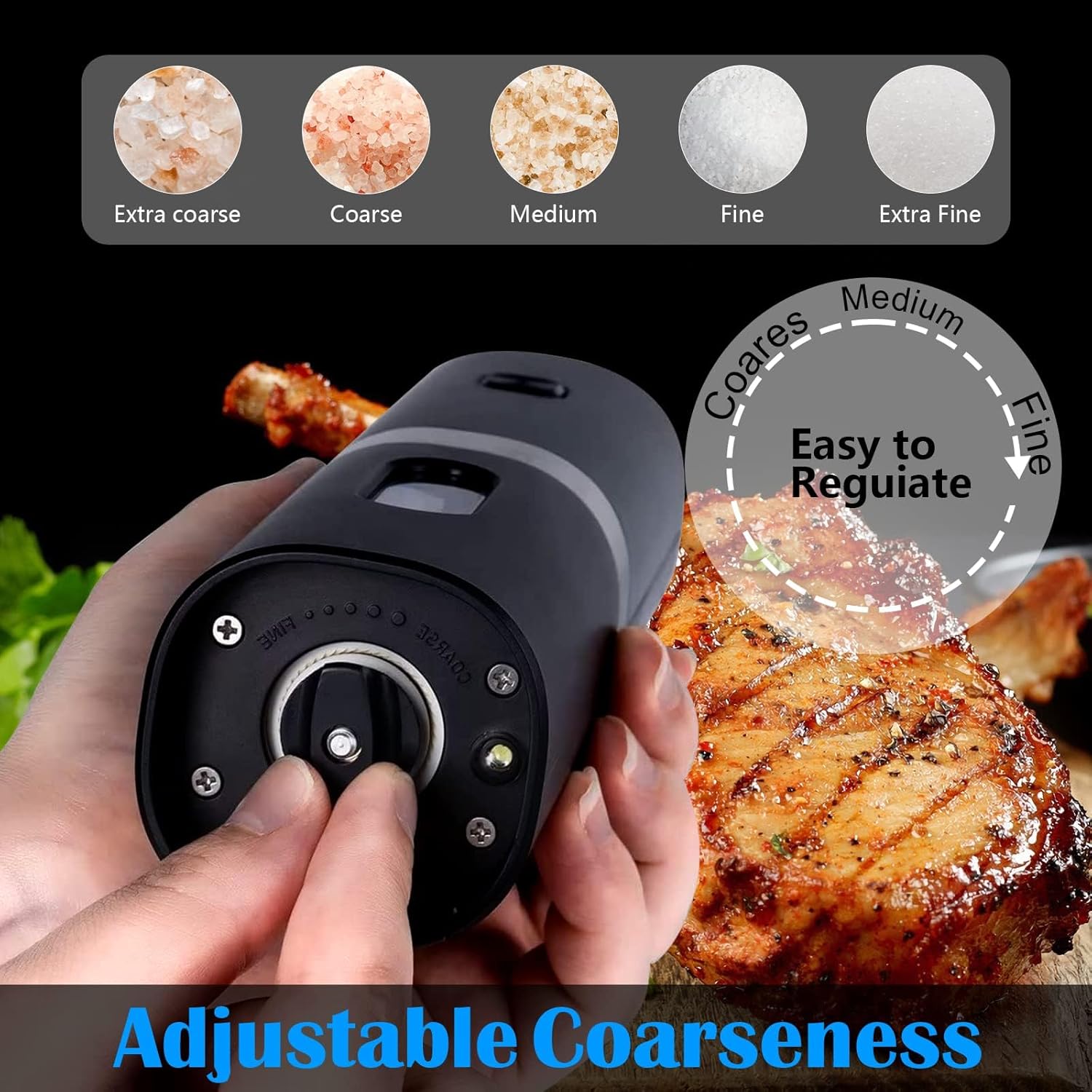 Rechargeable Electric Salt and Pepper Grinder Set with Double Charging Base, Support Battery Operated, Refillable Spice Automatic Mill Shakers Set with Adjustable Coarseness and LED Light - Image 3