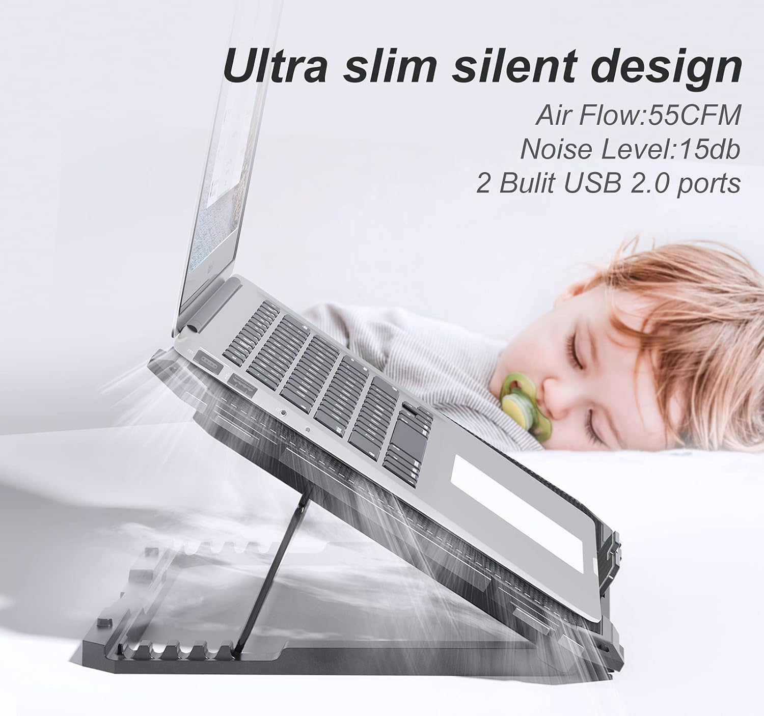 Upgrade Laptop Cooling Pad,Gaming Laptop Cooler with 5 Quiet Fans,2 USB Ports,5 Adjustable Stand Height,Blue LED Lights,for 15.6 Inch Laptops - Image 5