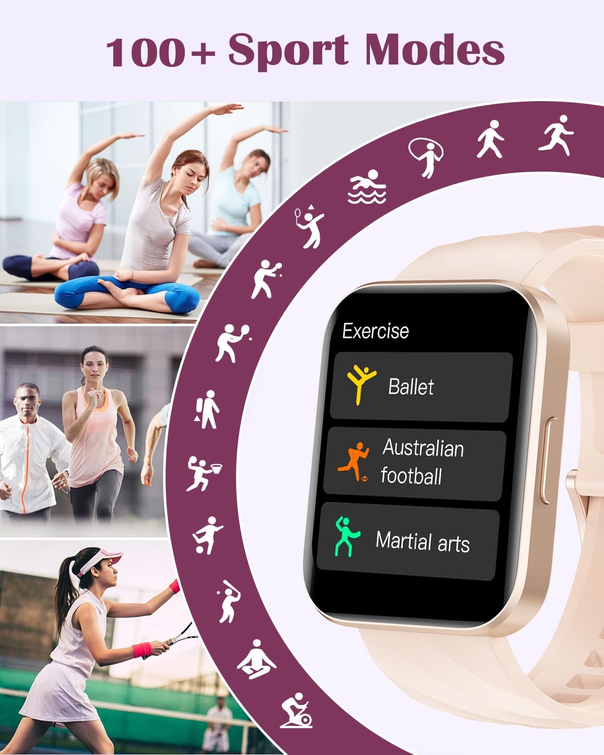 RUIMEN Smart Watches for Women Men (Answer/Make Calls) Compatible with iPhone/Android Phones, 1.85" HD Screen Fitness Tracker Heart Rate Monitor 100+ Sports Tracker Watch Waterproof (Pink) - Image 3