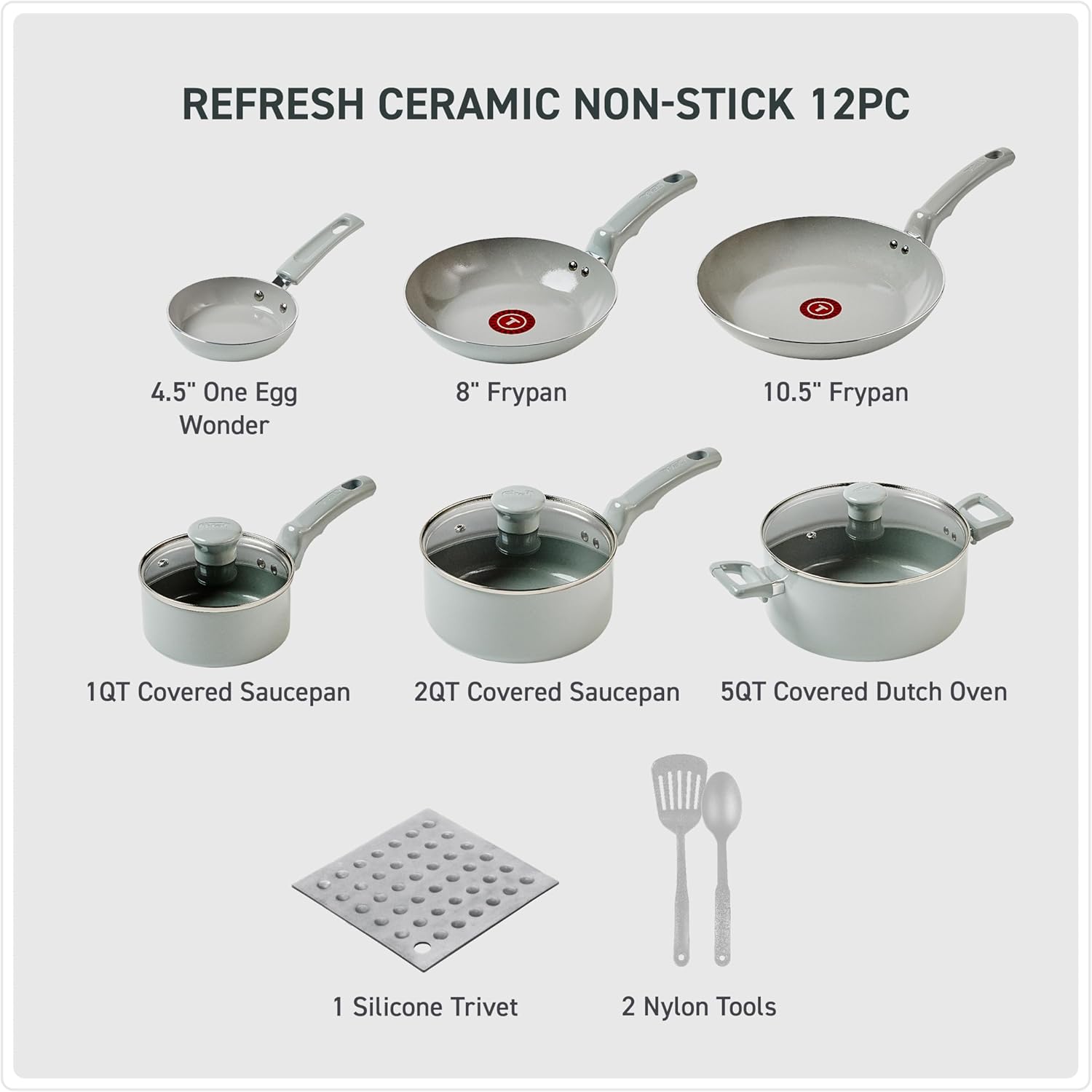 T-fal Refresh Ceramic Ceramic Non Stick Cookware Set 12 Piece, Oven Broiler Safe 350F, Cookware, Kitchen Cooking Set w/Fry Pans, Saucepans & Kitchen Utensils, Pots and Pans Set Nonstick, Moon Gray - Image 3