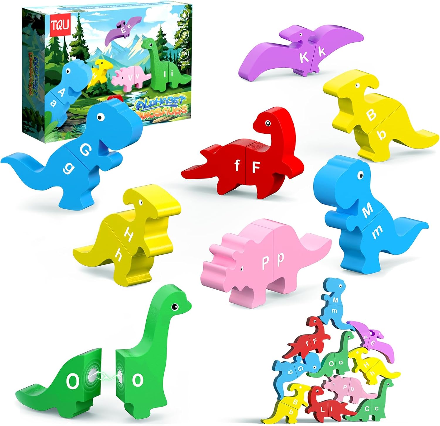 13 Pcs Dinosaur Alphabet Learning Toys for Toddlers 3-6, Montessori Educational Toys Gifts for 3 4 5 6 Year Old Boy Girl, Magnetic Toys, Wooden Stacking Building Toys Fine Motor Toys for Kids - Image 2