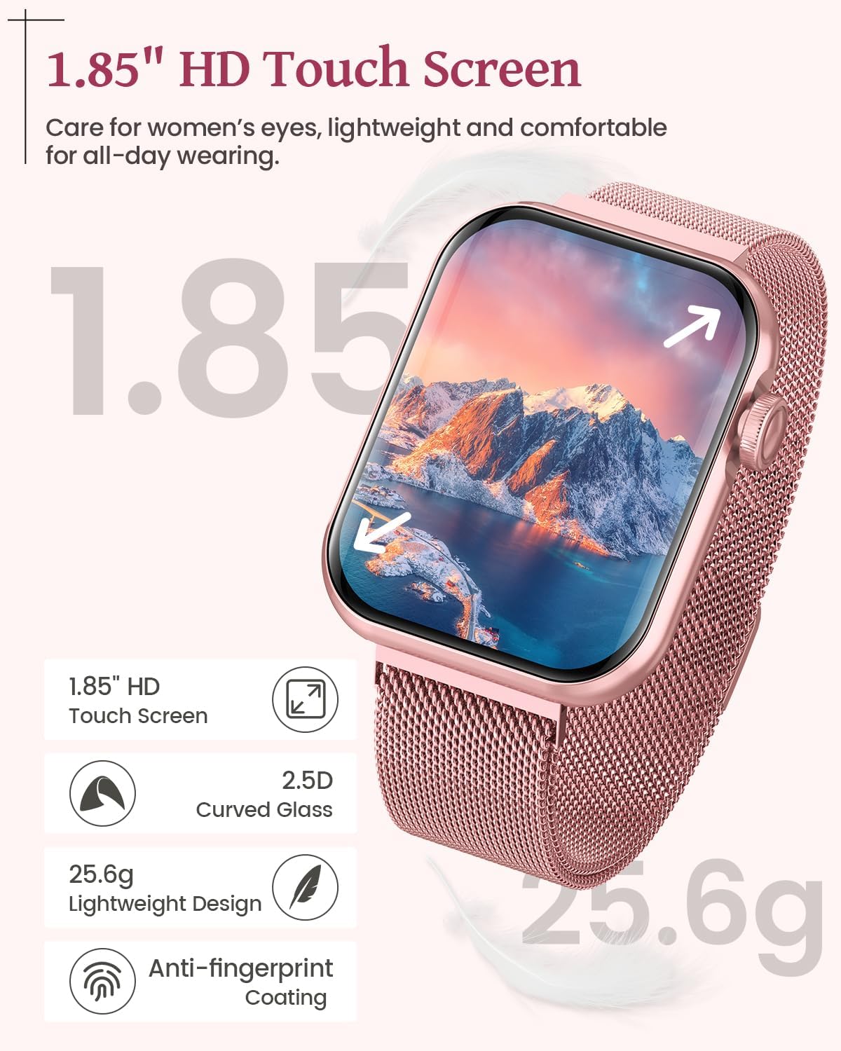 Smart Watch, 1.85" HD Samrt Watches for Women, Fitness Tracker with Blood Pressure/Heart Rate/Sleep Monitor, Bluetooth 5.3 Smart Watch for Android/iOS Phones, IP68 Waterproof Sport Watch (Pink) - Image 7