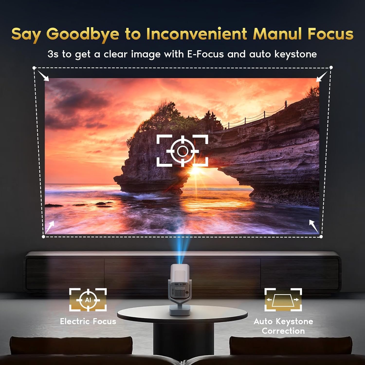 【Electric Focus】Mini Projector with WiFi and Bluetooth, 270° Adjustable Movie Projector, 1080P Support Portable Projector for Phone/PC/Game Player, Auto Vertical Correction, 50% Zoom - Image 4