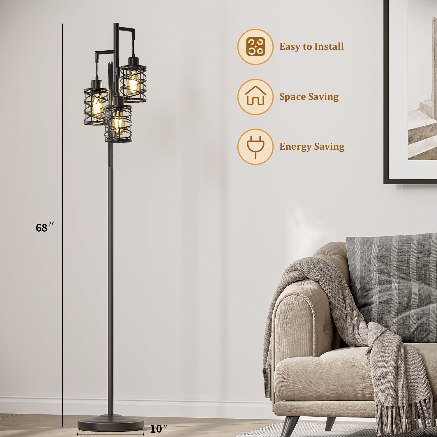 Oneach 68" Industrial Standing Floor Lamp, Stepless Dim Light with 3 Bulbs, Farmhouse & Corner Design, Tall Lamp for Home and Office, Black - Image 3