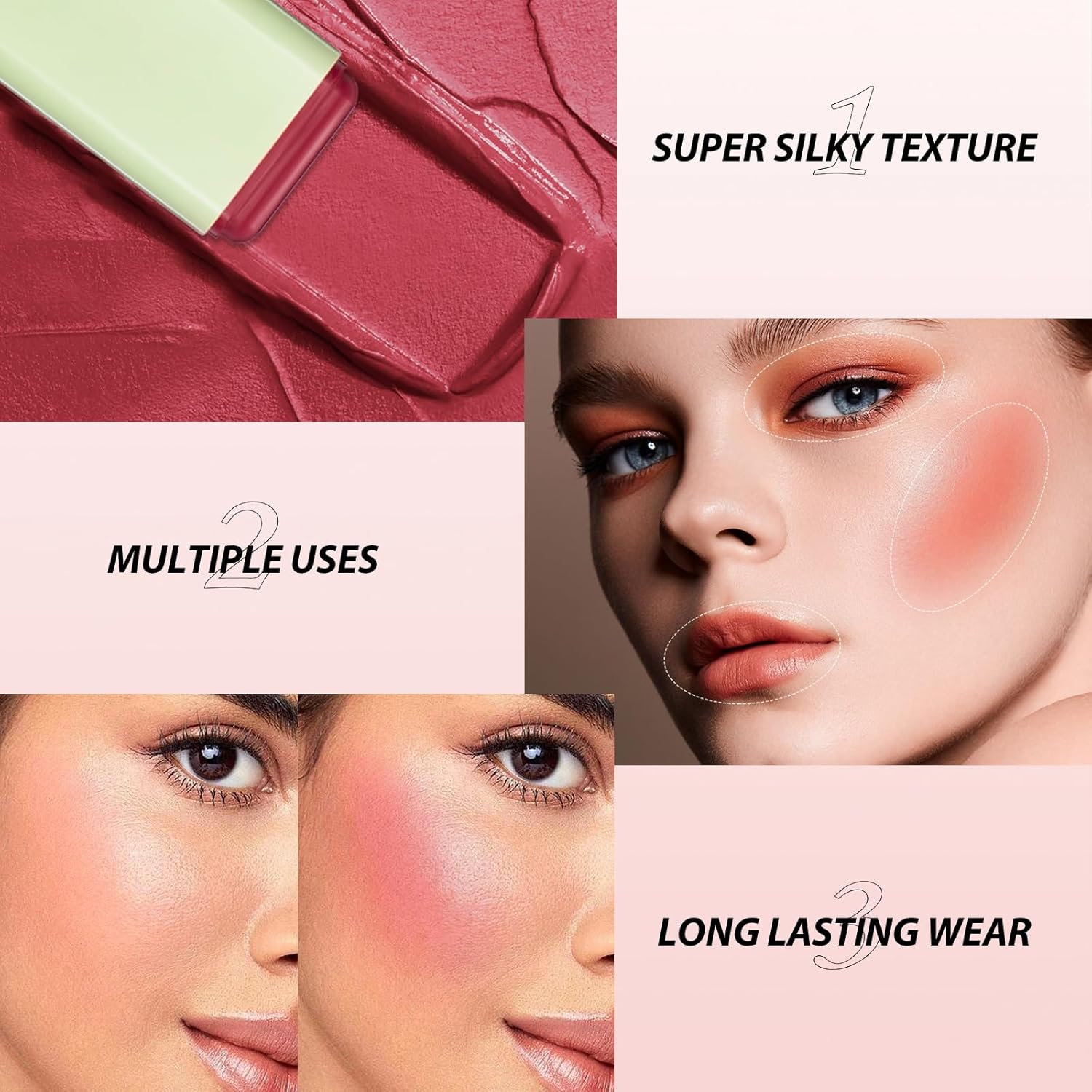 Blush Stick for Cheeks - Cream Makeup Blush Wand, Solid Moisturizer Stick for Cheeks Tint, Natural Blendable Waterproof Korean Matte Long-Lasting Smooth Blushes (#01 Shy Pink) - Image 5