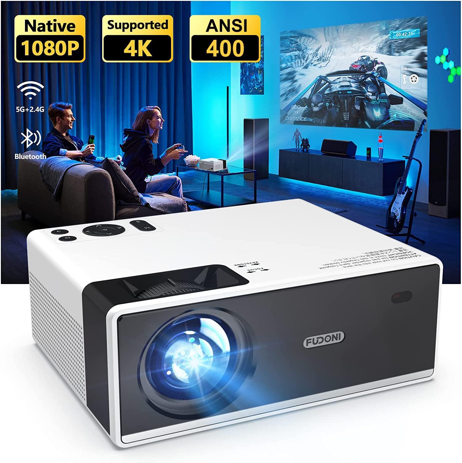 FUDONI Projector with WiFi and Bluetooth, Outdoor Portable 4K Support Projector 18000L HD 1080P Max 300" Display Zoom, Movie Video Home Theater Projector Compatible w/HDMI/USB/Phone/Laptop/TV Stick - Image 2