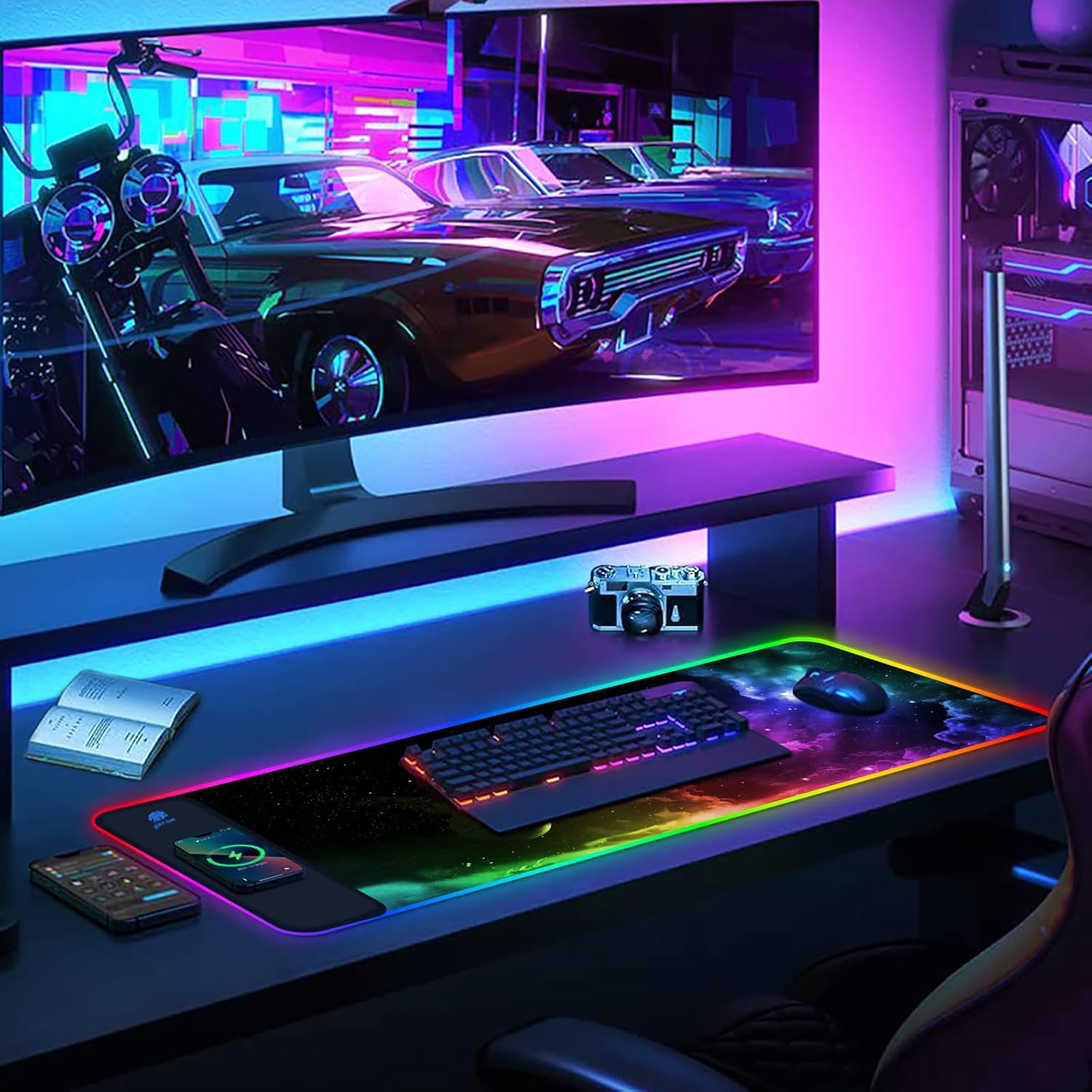 AIMSA Wireless Charging RGB Gaming Mouse Pad 15W, Extended LED Desk Mat Protector 800x300x4MM, 14 Light Modes Extra Large Mousepad Non-Slip Rubber Base Desk Mat, Nebula Universe - Image 7