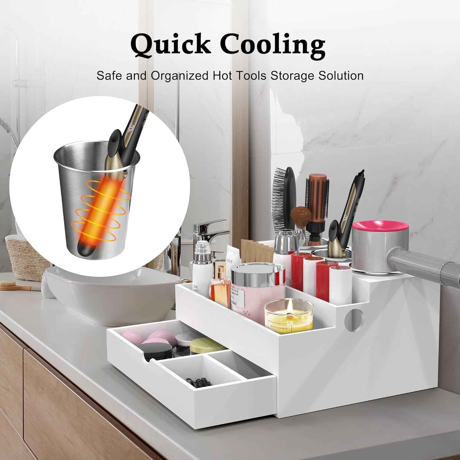Hair Tool Organizer, Wood Hair Dryer Holder with Drawer & 3 Stainless Steel Cups, Versatile Bathroom Vanity Storage for Hair Styling Tools, Hot Tools, Brushes and Cosmetics - White - Image 7
