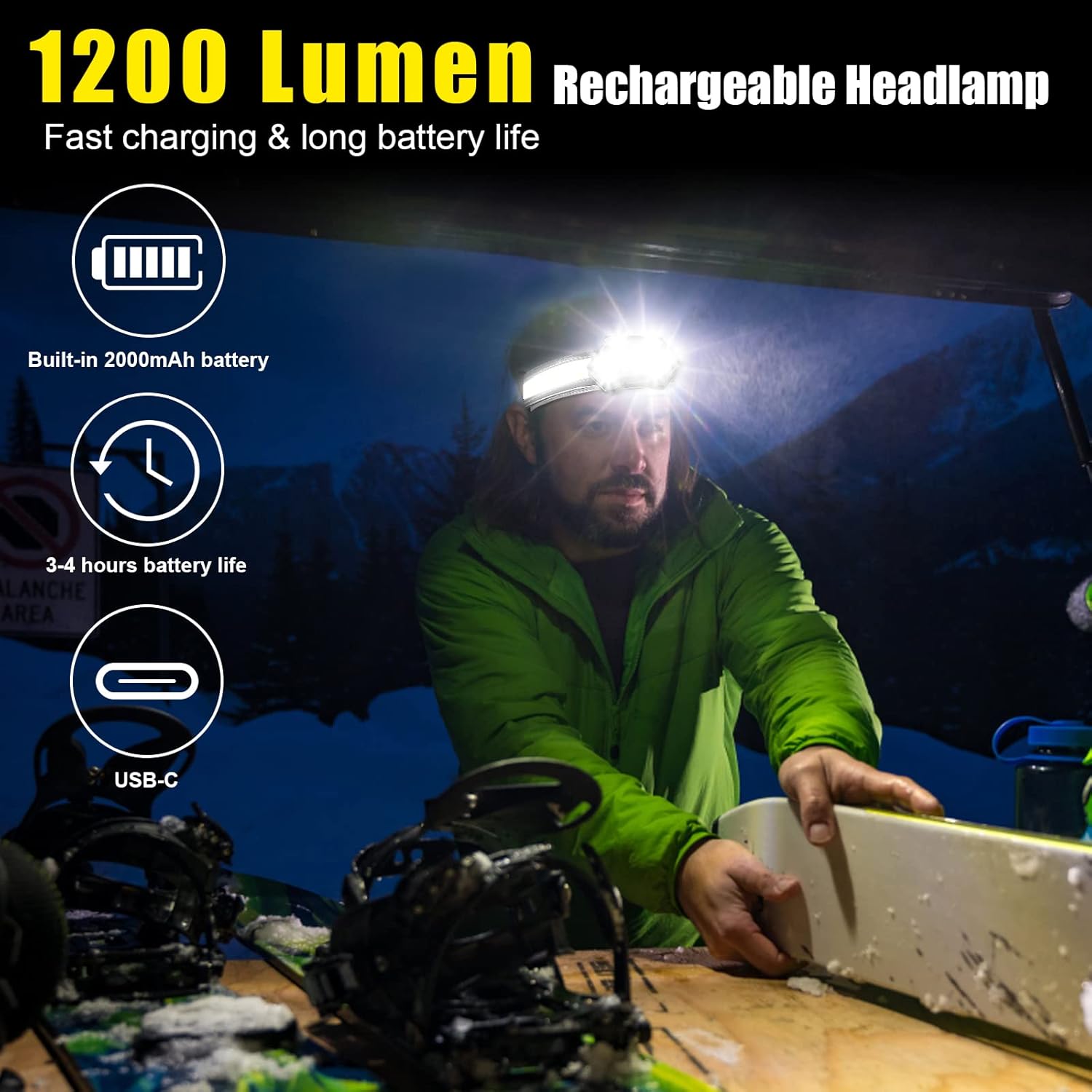EXIN DECHEN LED Headlamp Rechargeable, 1200 Lumen Super Bright Headlamp Flashlight, 270° Wide Beam LED Headlamps with Red Taillight, 8 Mode Lightweight Waterproof Head Lamp - Image 3
