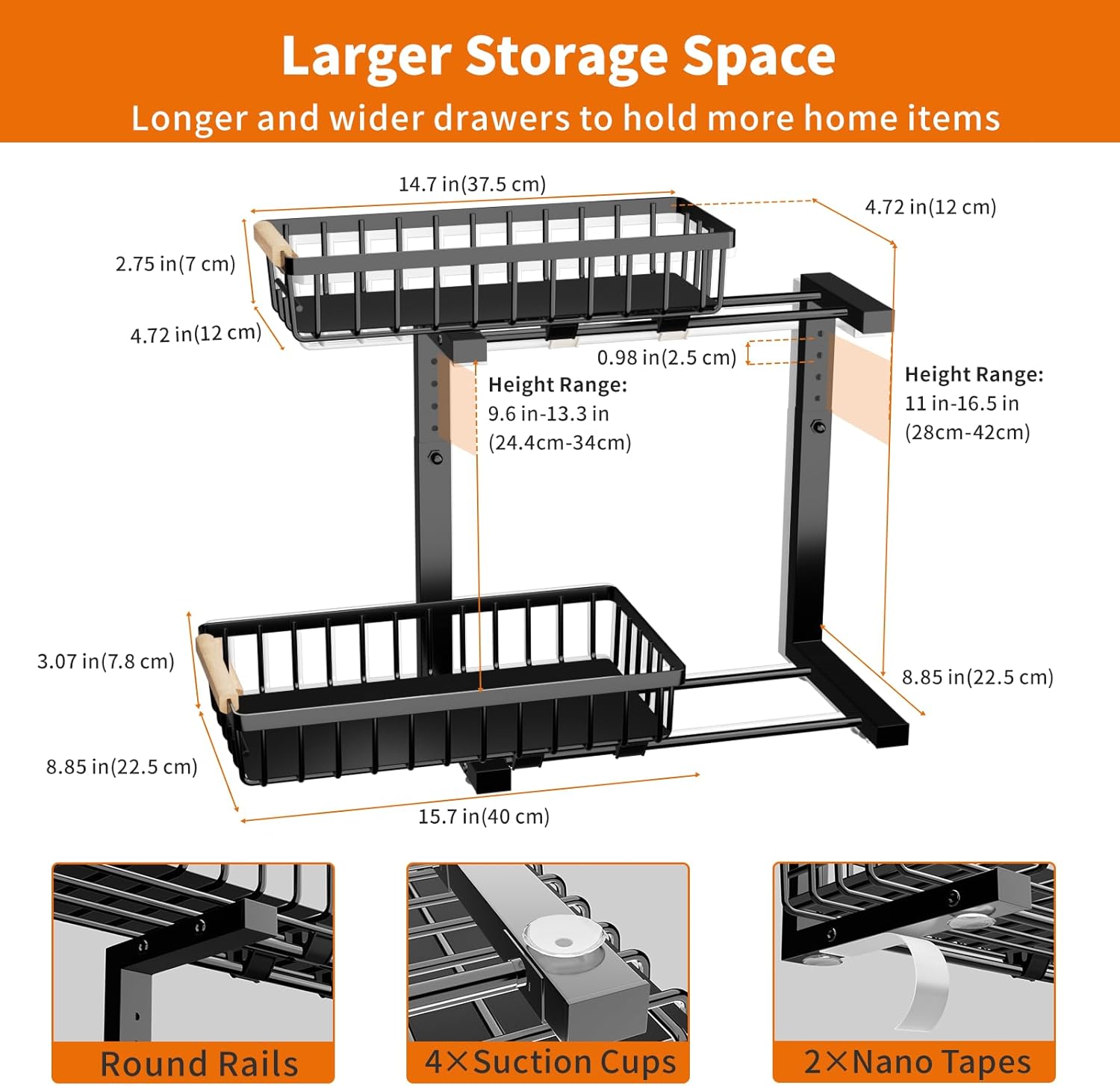 Metal Under Sink Organizer with Cabinet Light, 2 PCS Height Adjustable (10.1"-13.3") Bathroom Organizers and Storage, 2 Tier Pull Out Cabinet Organizer Drawers, Under Sink Storage Shelves for Kitchen - Image 7