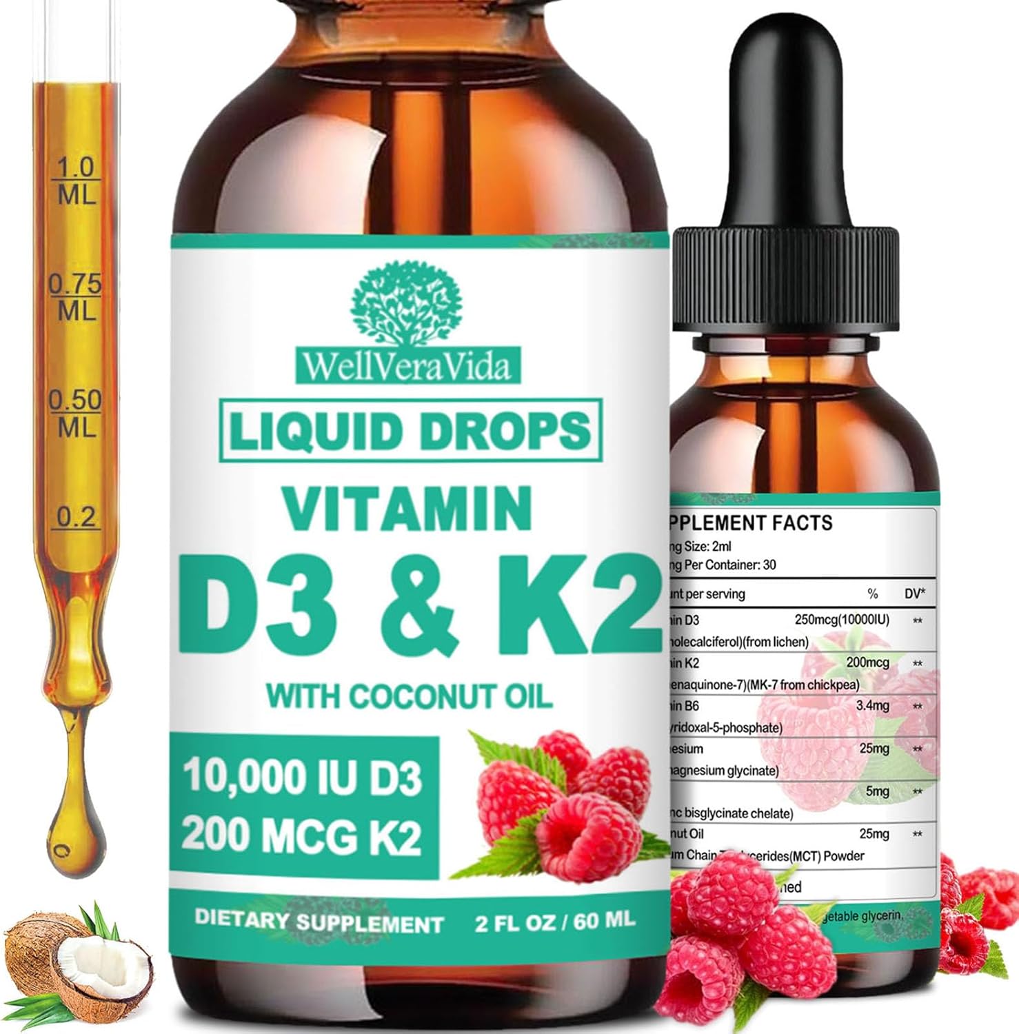 D3 K2 Vitamin 10000iu, Liquid Drop Vitamin D3 With K2 (MK-7)200mcg Coconut Oil, 6X Stronger Than D3 K2 Sofegels, Magnesium Zinc for Absorption -K2 D3 Vitamin Supplement for Joint Teeth & Bone Health - Image 2