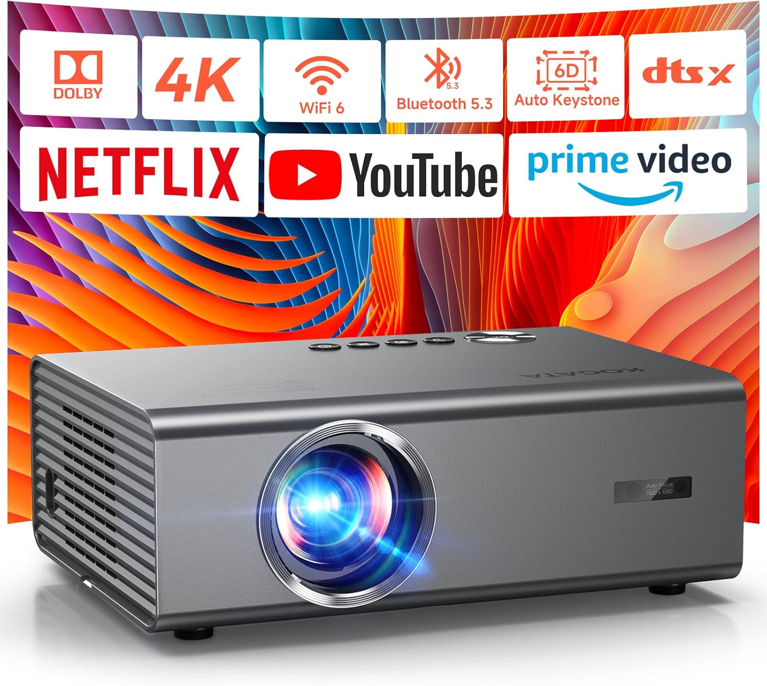 4K Projector with Netflix-Licensed&Dolby Audio, AI Auto Focus&6D Keystone Kogata Smart Projector with Built in Apps Outdoor Movie Proyector with WiFi 6 Bluetooth for Home Theater UPGRADE - Image 2