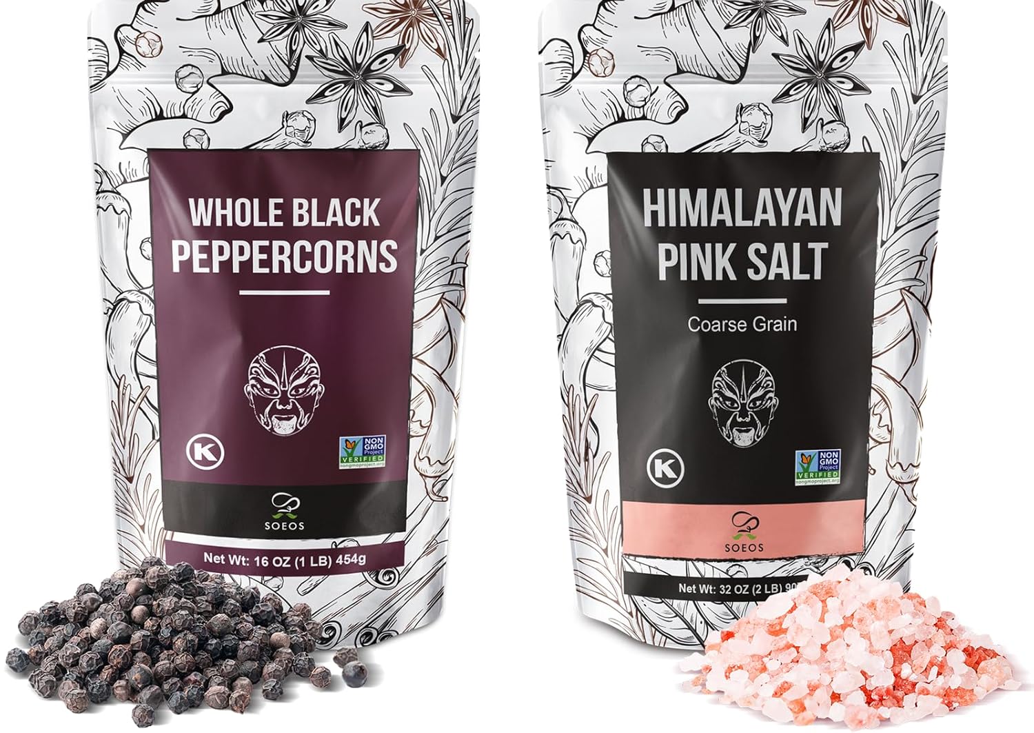 Soeos Whole Black Peppercorns 16oz + Himalayan Pink Salt 2lb, Salt and Pepper for Grinders, Black Peppercorn Refil, Pink Himalayan Sea Salt, 2 Piece Set - Image 2