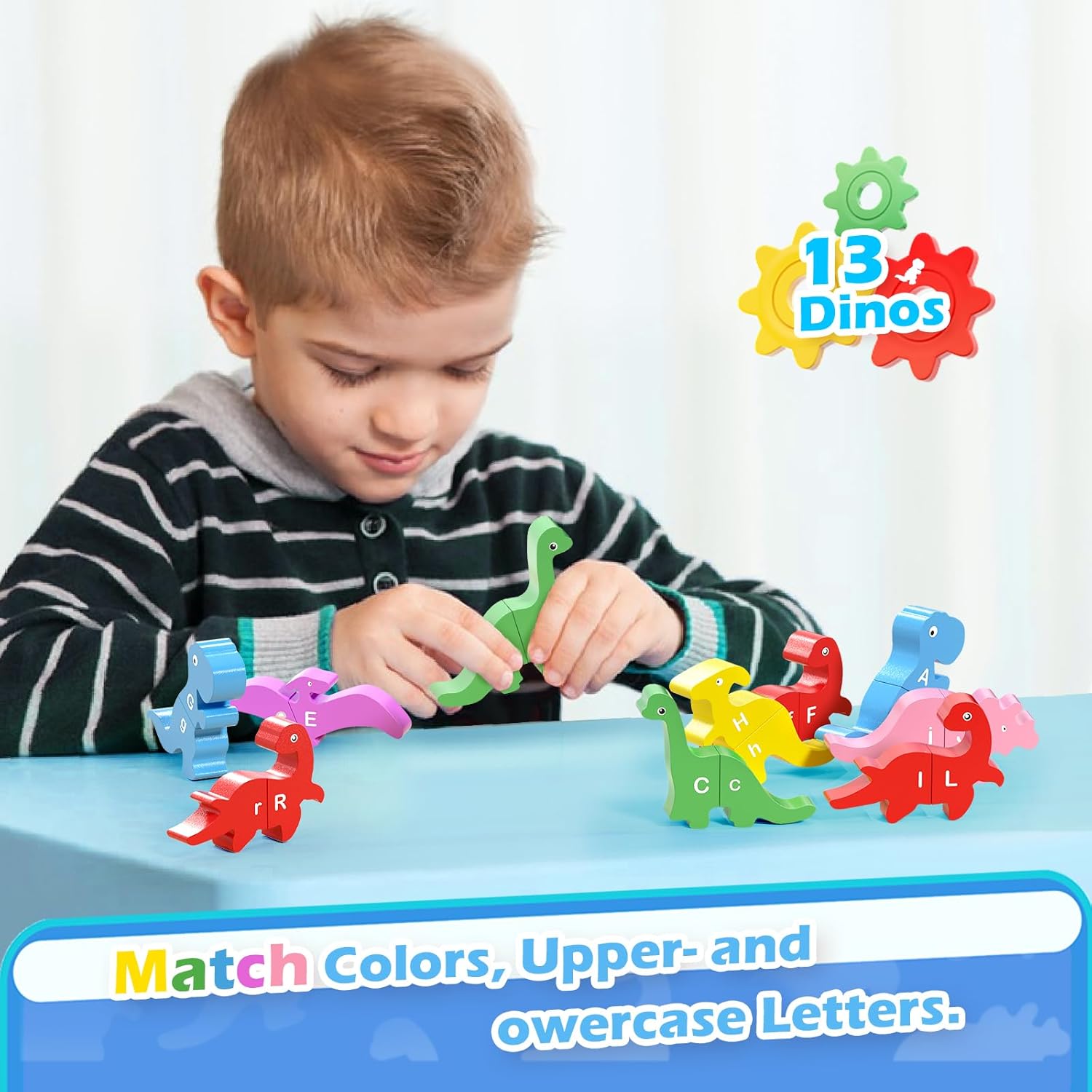 13 Pcs Dinosaur Alphabet Learning Toys for Toddlers 3-6, Montessori Educational Toys Gifts for 3 4 5 6 Year Old Boy Girl, Magnetic Toys, Wooden Stacking Building Toys Fine Motor Toys for Kids - Image 4