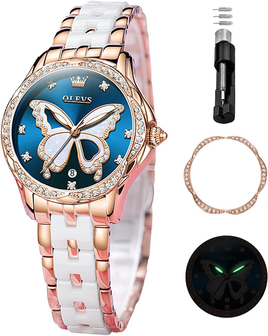 OLEVS Watches for Women Rose Gold Two Tone Fashion White Ceramic Ladies Wrist Watches Pink/Red Dial Stainless Steel Waterproof Date - Image 2