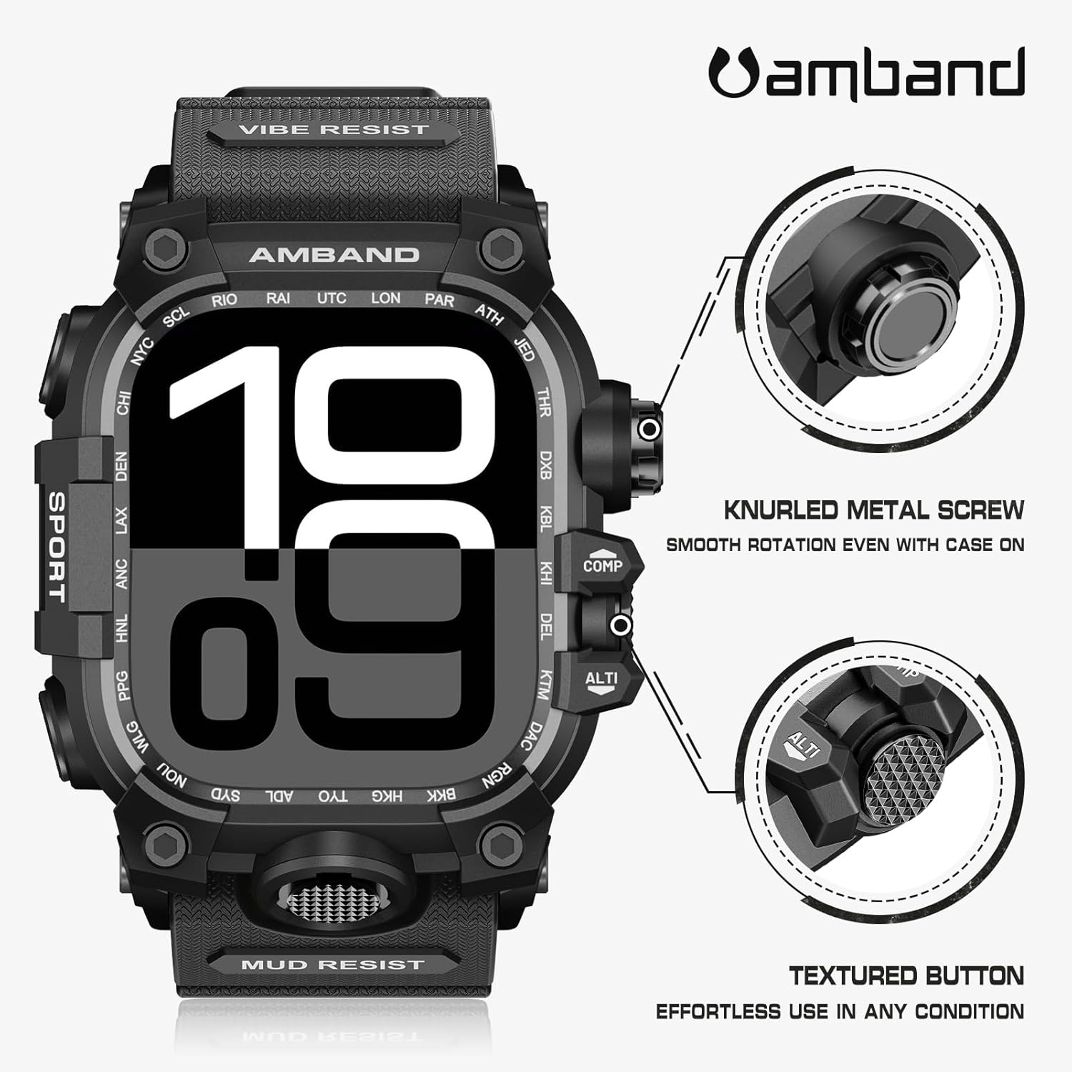 amBand Compatible with Apple Watch Series 10 46mm Bands Case for Men, M3 Rugged Military Bumper Heavy Duty Protector Protective Cover Tactical Strap Accessories for iWatch 46 mm - Matte Black - Image 6