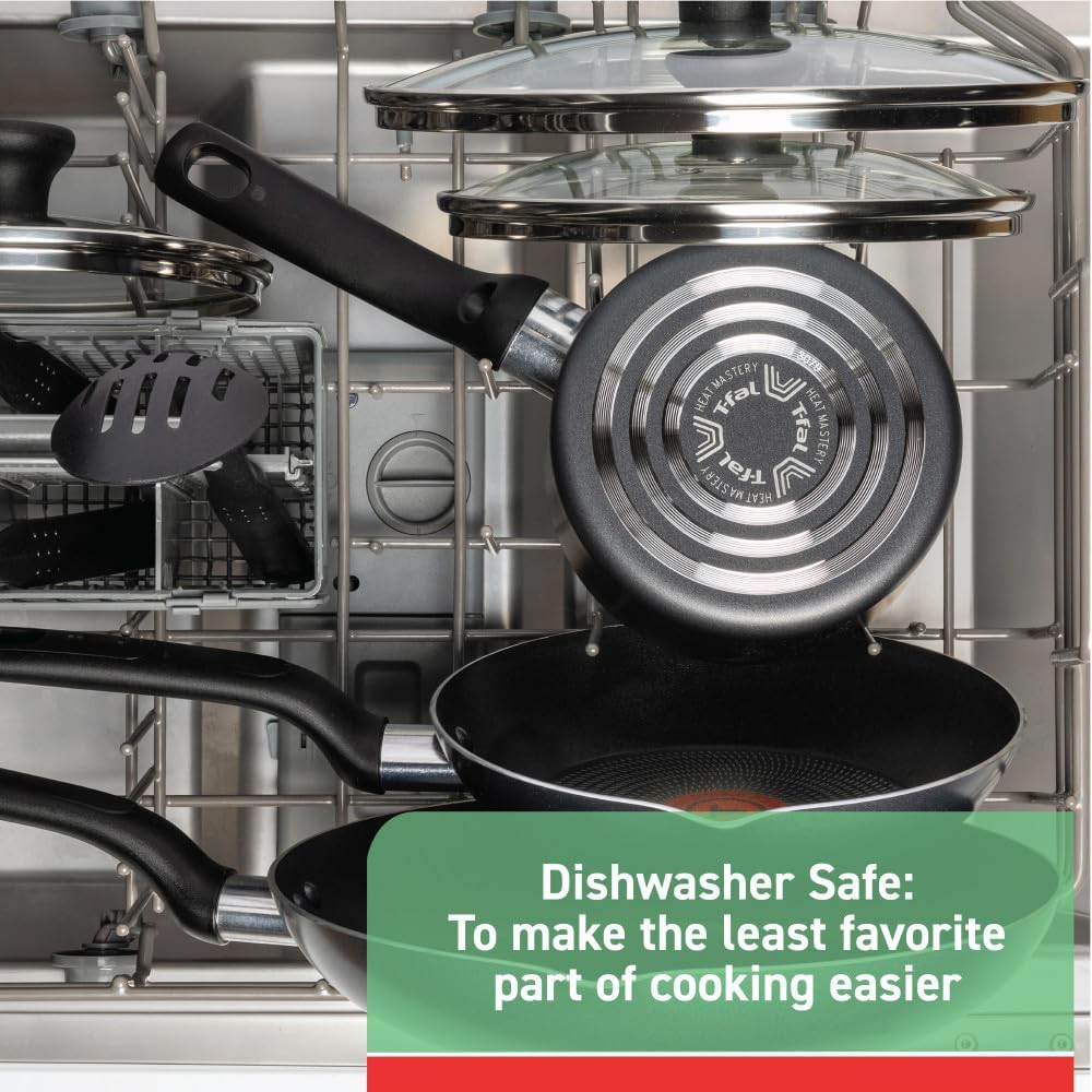 T-fal Initiatives Nonstick Cookware Set 18 Piece, Oven Broiler Safe 350F, Kitchen Cooking Set w/Fry Pans, Saucepans, Stockpots, Skillet, Spoons, Lids Pots and Pans Set Non Stick Dishwasher Safe Black - Image 7
