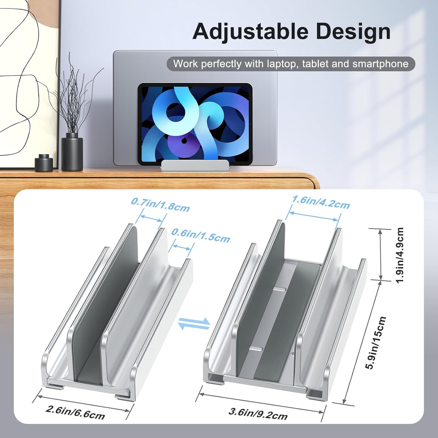 Vertical Laptop Stand, Aluminum Laptop Holder, Adjustable 3-in-1 Design, Compatible with MacBook, MacBook Pro/Air, Dell, HP, Lenovo, Up to 17.3 inches (Silver) - Image 7