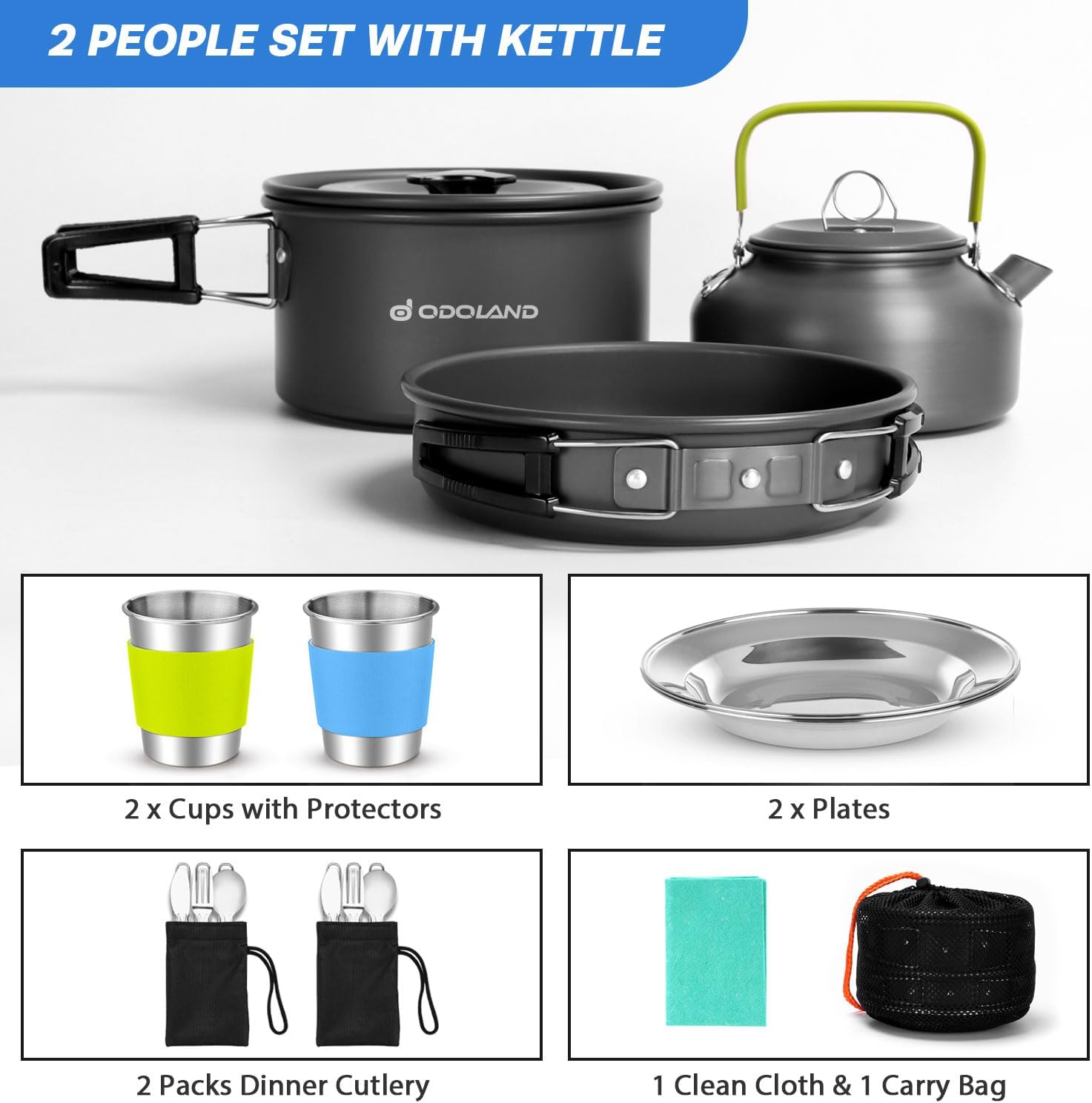 Odoland 15pcs Camping Cookware Mess Kit, Non-Stick Lightweight Pot Pan Kettle Set with Stainless Steel Cups Plates Forks Knives Spoons for Camping, Backpacking, Outdoor Cooking and Picnic - Image 5