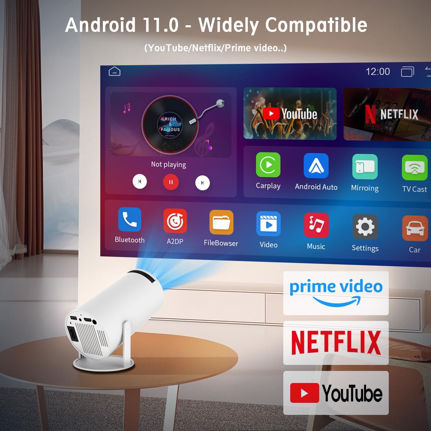 Mini projector with WiFi and Bluetooth, HY300 PRO Portable Projector with 4K 1080P Support, 180° Rotatable Auto Keystone with Android 11 Smart Projector, Compatible with HDMI/USB/ Laptop - Image 3