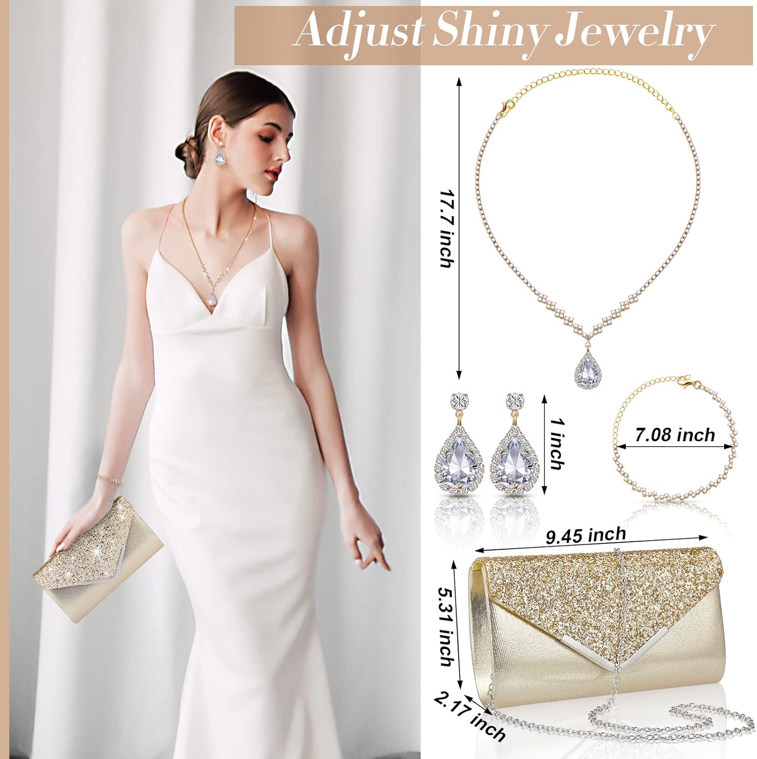 4 Pcs Women Rhinestone Jewelry Set Floral Wave Teardrop Crystal Wedding Necklace Earrings Floral Cluster Wave Bracelet Glitter Envelope Evening Bag Handbag Party Bridal Purse - Image 5