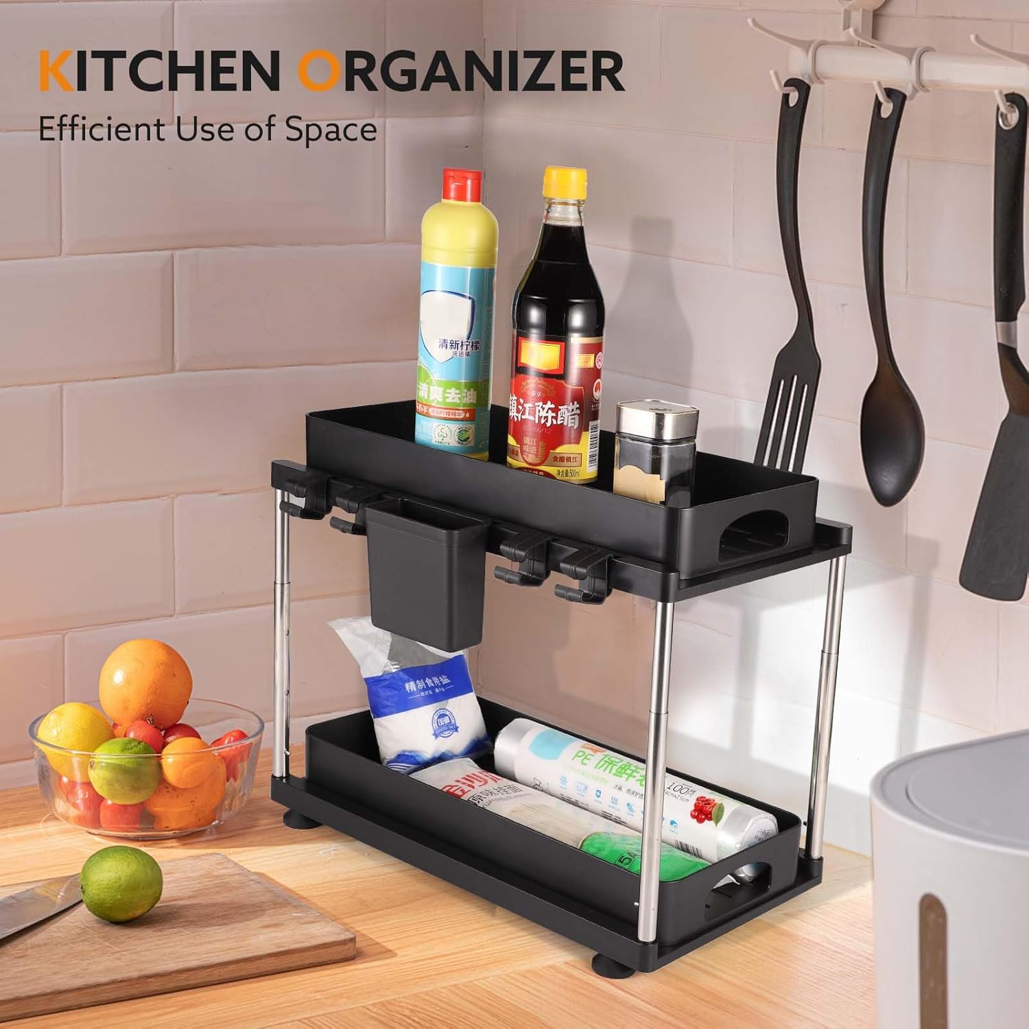 Under Sink Organizers and Storage, 2 Tier Double Sliding Bathroom Organizers and Storage with Dividers,Hooks Under Sliding Cabinet Organizer Kitchen Sink Organizer for Kitchen Bathroom - Image 6