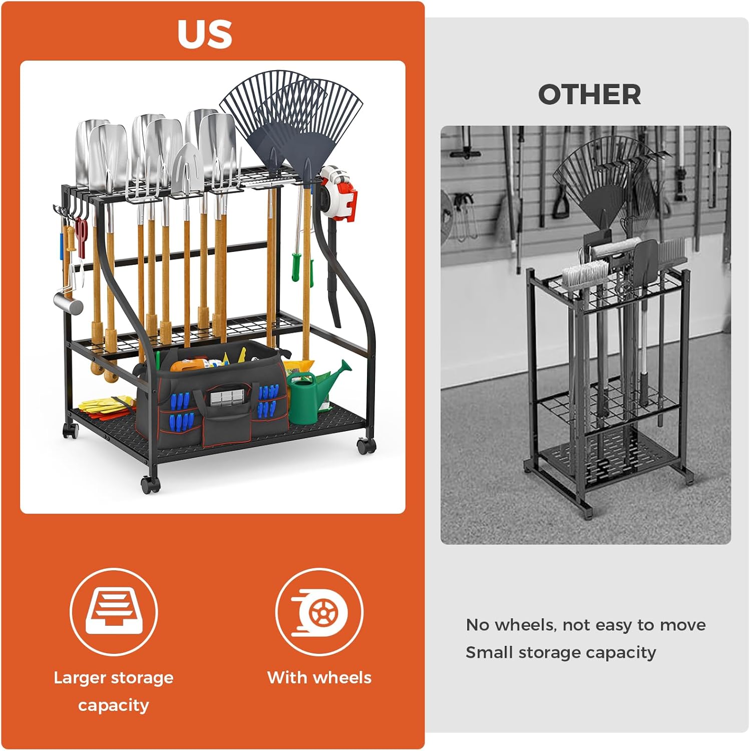 Garden Tool Organizer with Wheels, 3-Tier Yard Tool Storage with Hooks, Heavy Duty Steel Tool Rack Stand for Broom Shovel Long Handled Tools, Garden Tool Holder for Garage Shed Outdoor, Black - Image 4