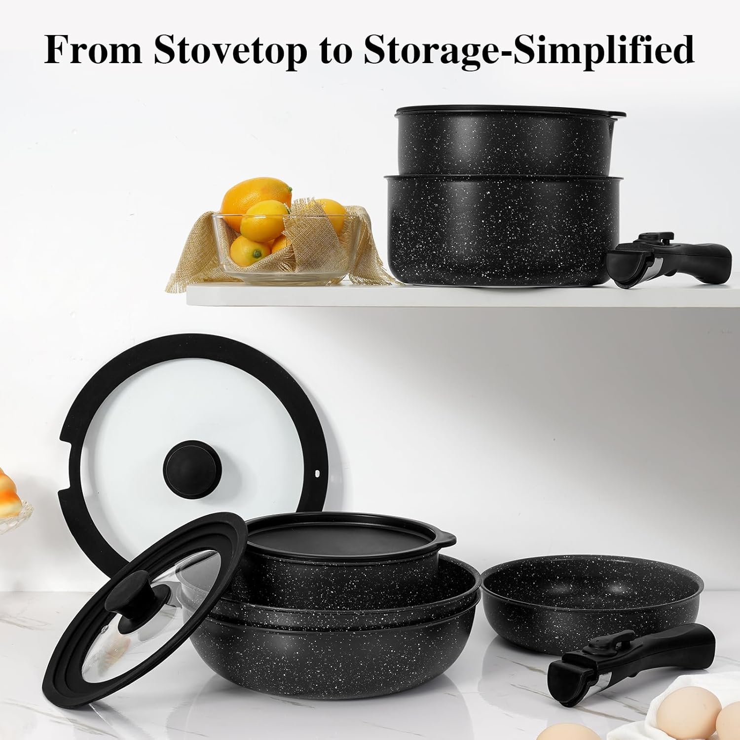 17 Pcs Pots and Pans Set Non Stick, Cookware Sets with Detachable Handle, Nonstick RV Kitchen Cooking Tools Removable Handles, Oven Safe, Induction Fast, Stackable Induction Cookware, Black - Image 8
