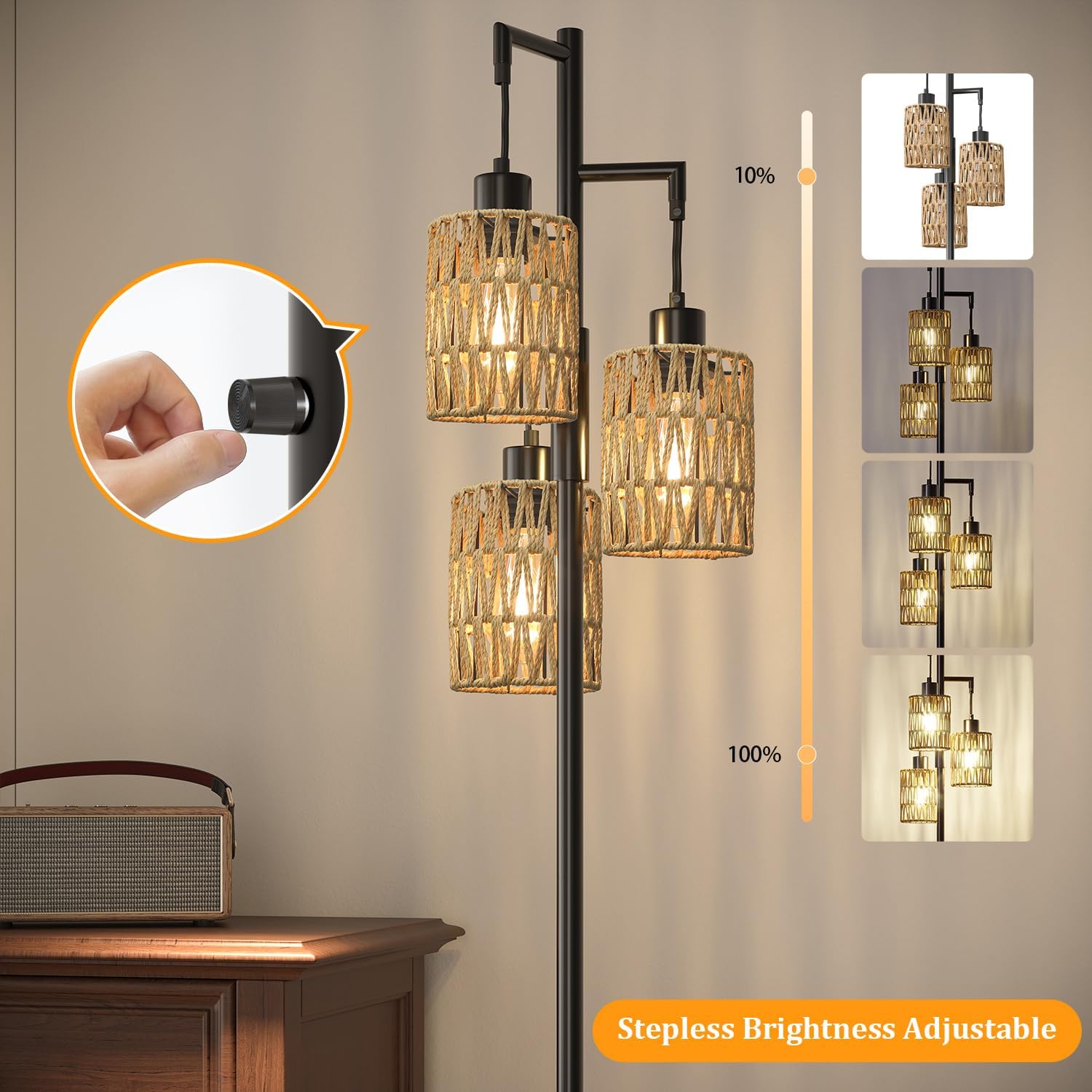 Oneach 68" Floor Lamps for Living Room, Stepless Dimmable Boho Floor Lamp with 3 Bulbs, Tall Farmhouse Industrial Corner Standing Tree Lamp for Bedroom, Office, Study Room, Dining Room, Black - Image 3