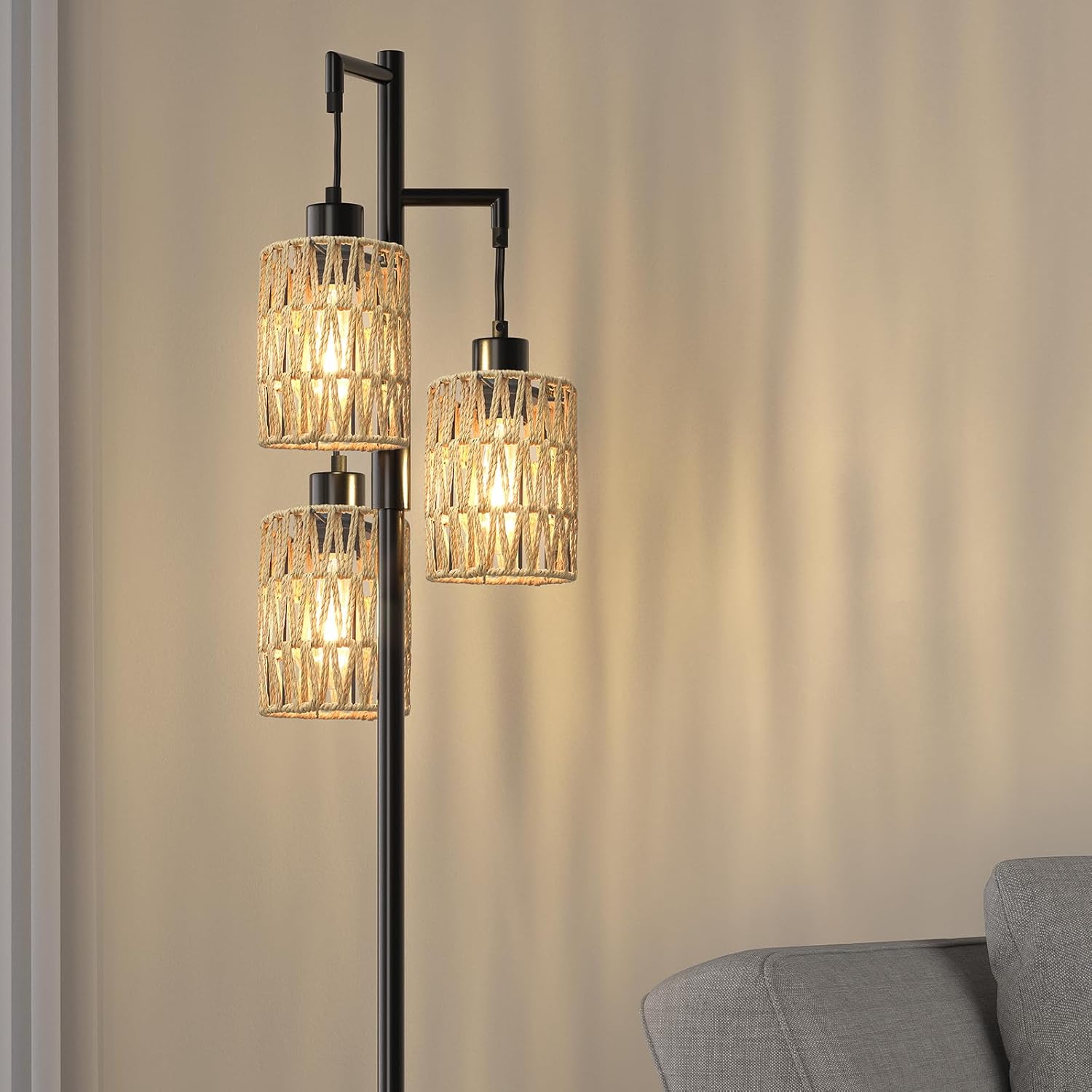 Oneach 68" Floor Lamps for Living Room, Stepless Dimmable Boho Floor Lamp with 3 Bulbs, Tall Farmhouse Industrial Corner Standing Tree Lamp for Bedroom, Office, Study Room, Dining Room, Black - Image 6