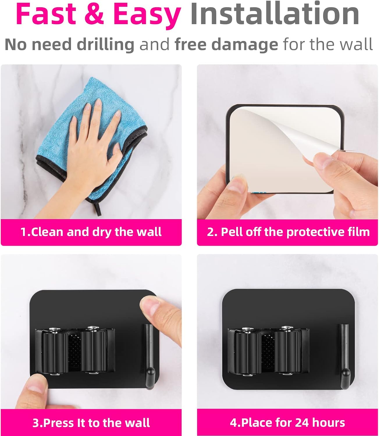 4 Pack Anti-Slip Broom Holder, Space-Saving, Damage-Free Wall Mount, Stainless Steel, Black - Image 7