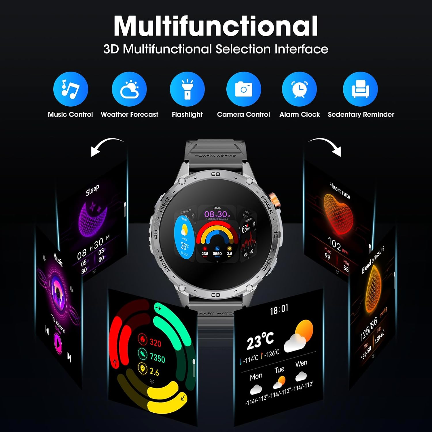 Military Smart Watch for Men 1.75" HD AMOLED Display 730mAh Battery Smart Watches with LED Flashlight for Android iOS(Bluetooth Call Answer/Dial Calls) Fitness Tracker with Heart Rate - Image 5