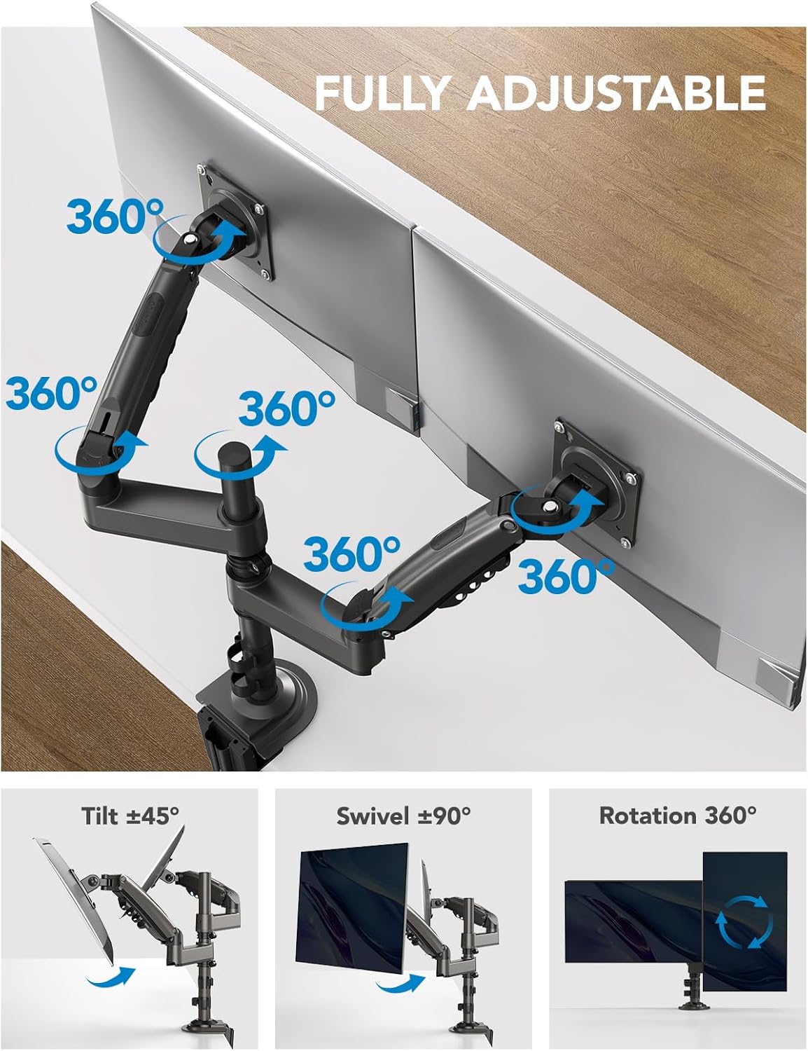 HUANUO 17-32 Inch Dual Monitor Stand, Gas Spring Dual Monitor Mount, Monitor Stand 2 Monitors, Ergonomic Adjustable Tilt/Swivel/Rotate, Weight Max 19.8 lbs, VESA 75/100mm - Image 5