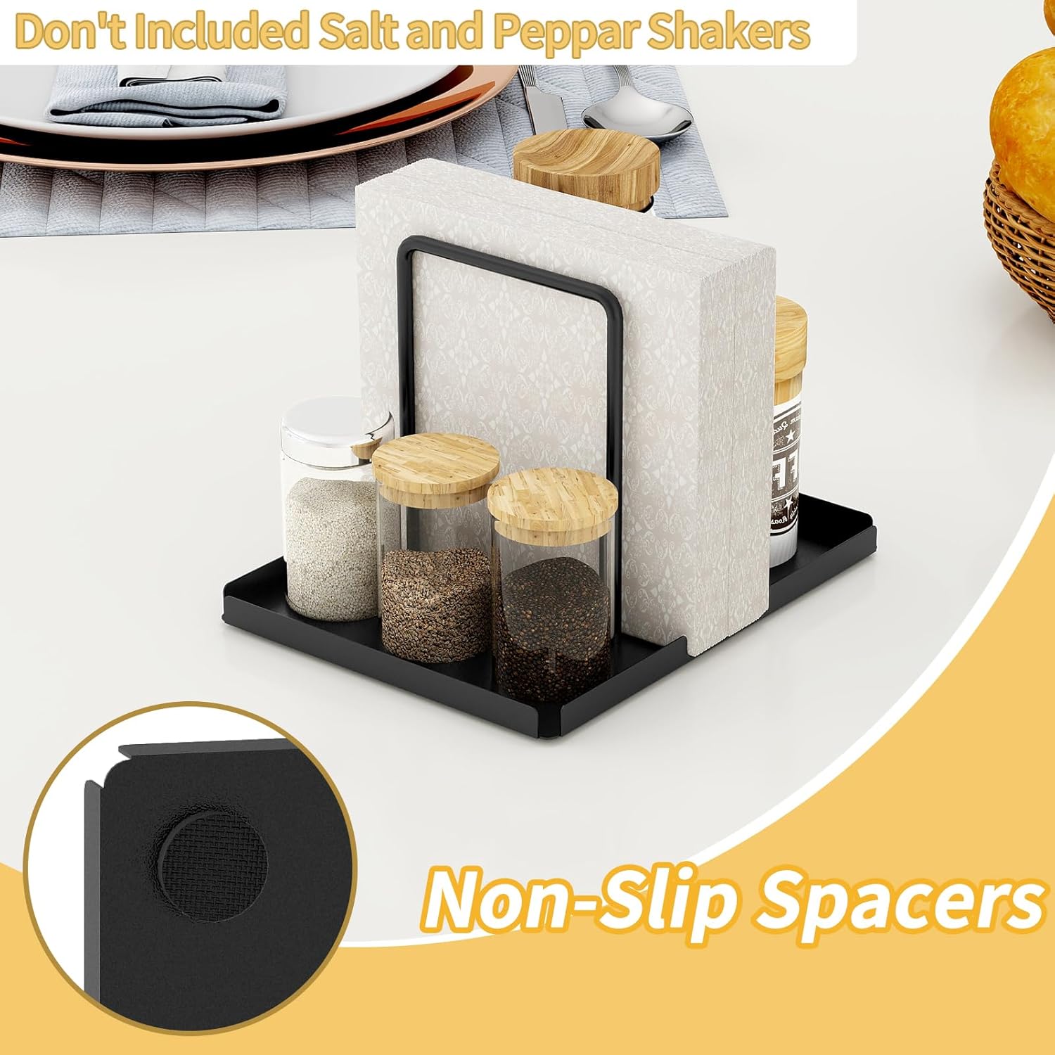 LSK Napkin Holder, Metal Napkin Holder for Table with Salt and Pepper Shakers Caddy, Napkin Storage Dispenser for Kitchen Dinner Table and Picnic Decors, Black - Image 4