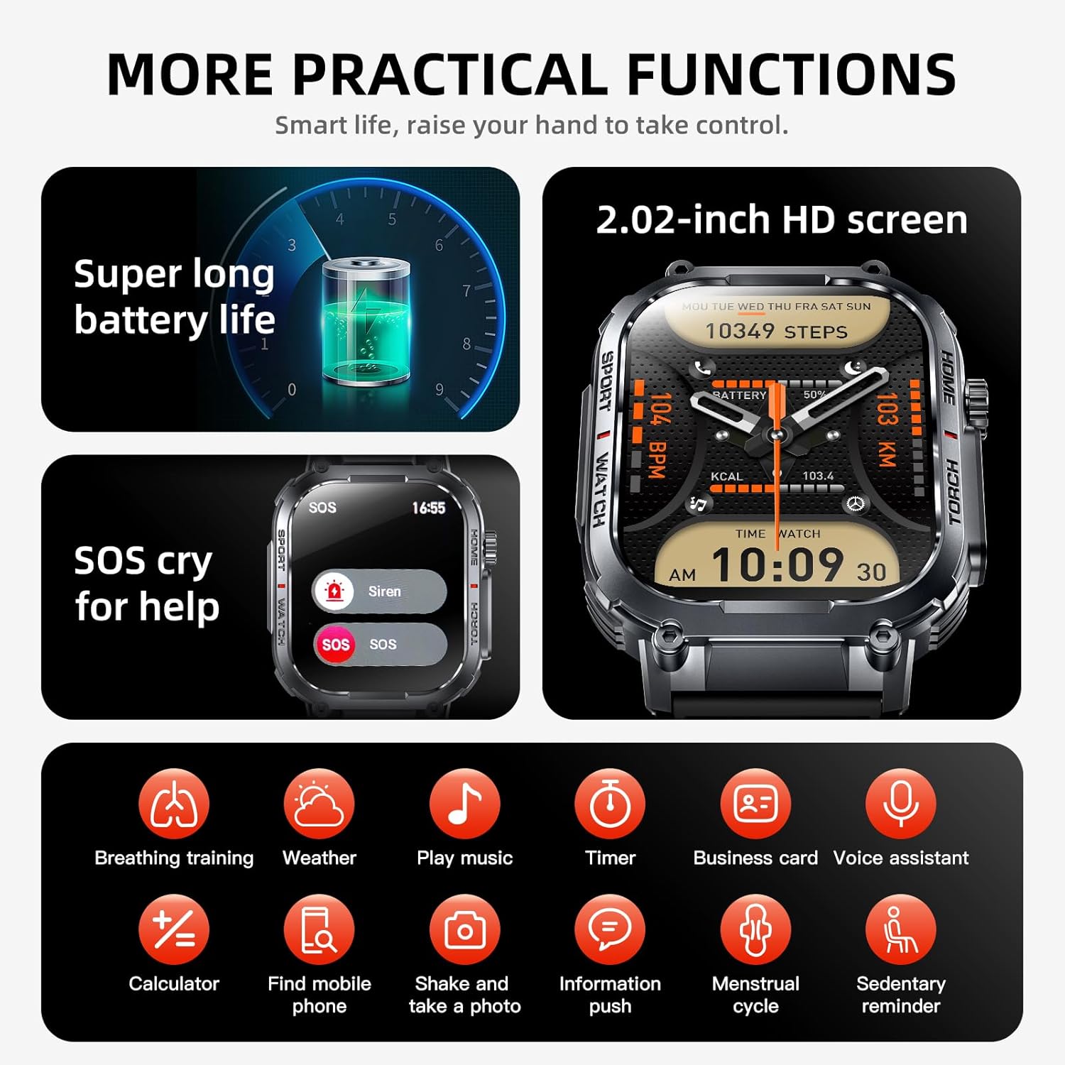 Military Smart Watch Sport Fitness Tracker, with LED Flashlight, 3ATM Waterproof, Answer/Make Calls Message Notification,Heart Rate Blood Oxygen Sleep Monitor, 2.02“ Big Screen, for iPhone/Android - Image 8