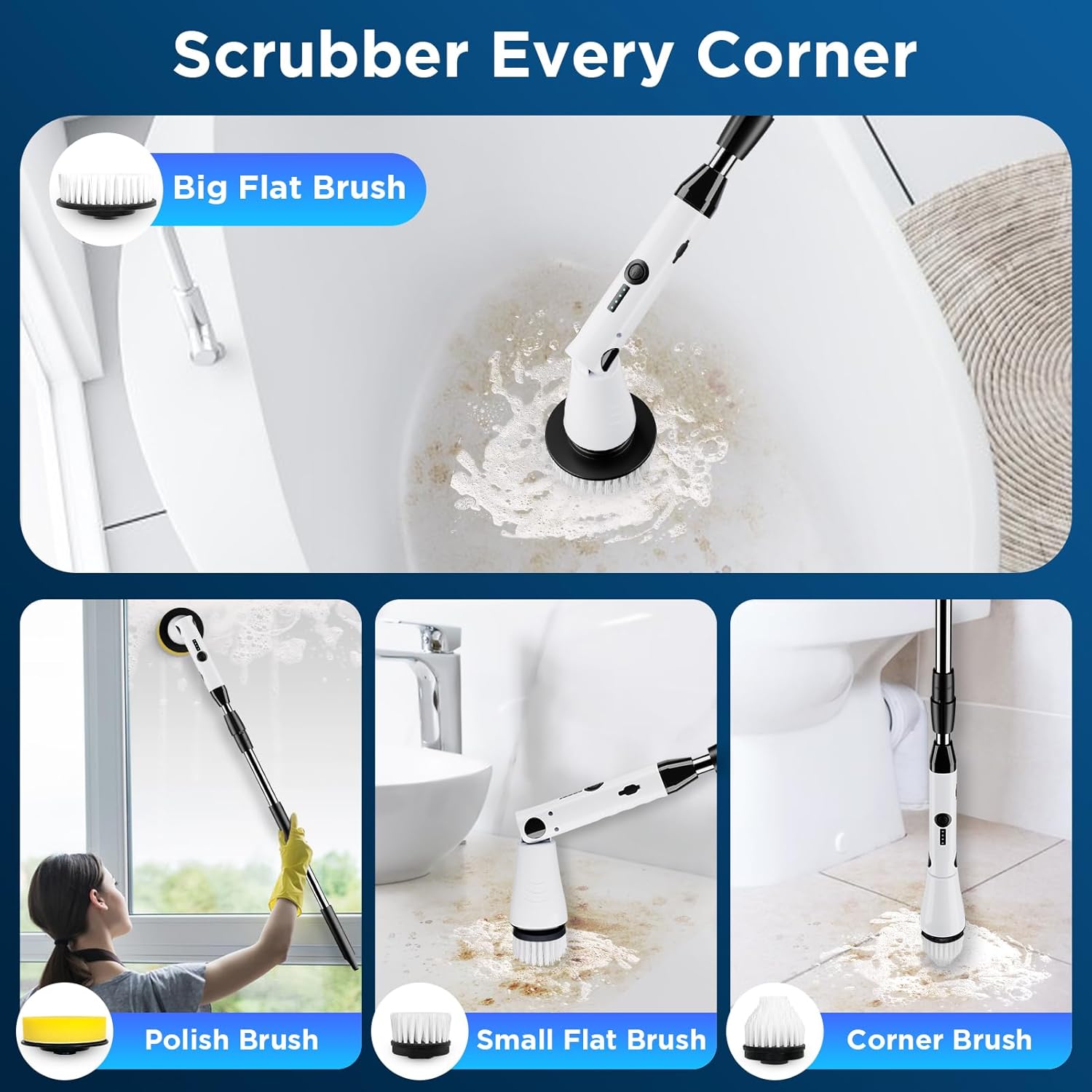 Electric Spin Scrubber, 2024 New Bathroom Cleaner, Power Shower Cleaning Brush with Extendable Handle & 4 Brush Heads, Shower Scrubber for Bathtub Tile Grout Kitchen Window and Floor - Image 5