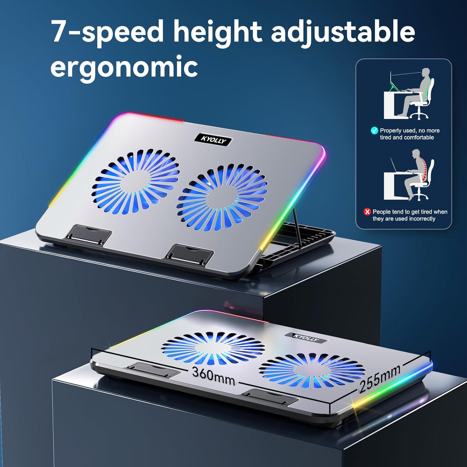 2024 Upgarde Metal RGB Laptop Cooling Pad Gaming Laptop Cooler with 2 Large Fans, Adjustable Fan Speed, 7 Height Stand, 10 Modes Light with Memory Function for 10-17.3 Inch Laptops… - Image 8