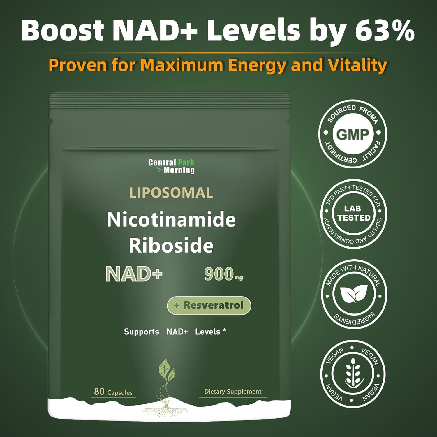 NAD+ Supplement - Liposomal Nicotinamide Riboside Supplement, NAD Nicotinamide Riboside Resveratrol 900mg for Anti-Aging, Energy, 80 Capsules, - Image 9
