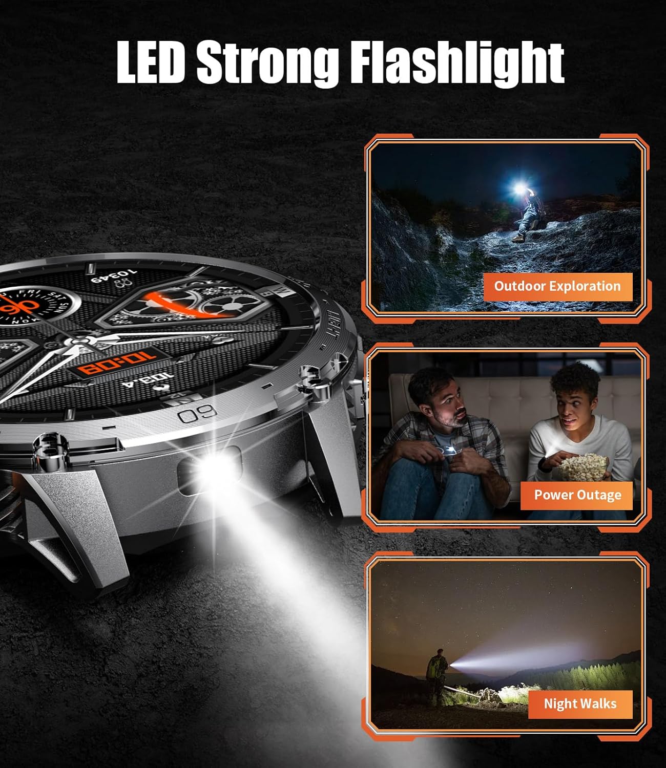 Smart Watch for Men with LED Flashlight(730mAh Battery), 1,75'' AMOLED Large Display Military Smart Watches with 130+ Sports, 24/7 Heart Rate/Sleep Monitor IP68 Waterproof for Android iOS Black - Image 3
