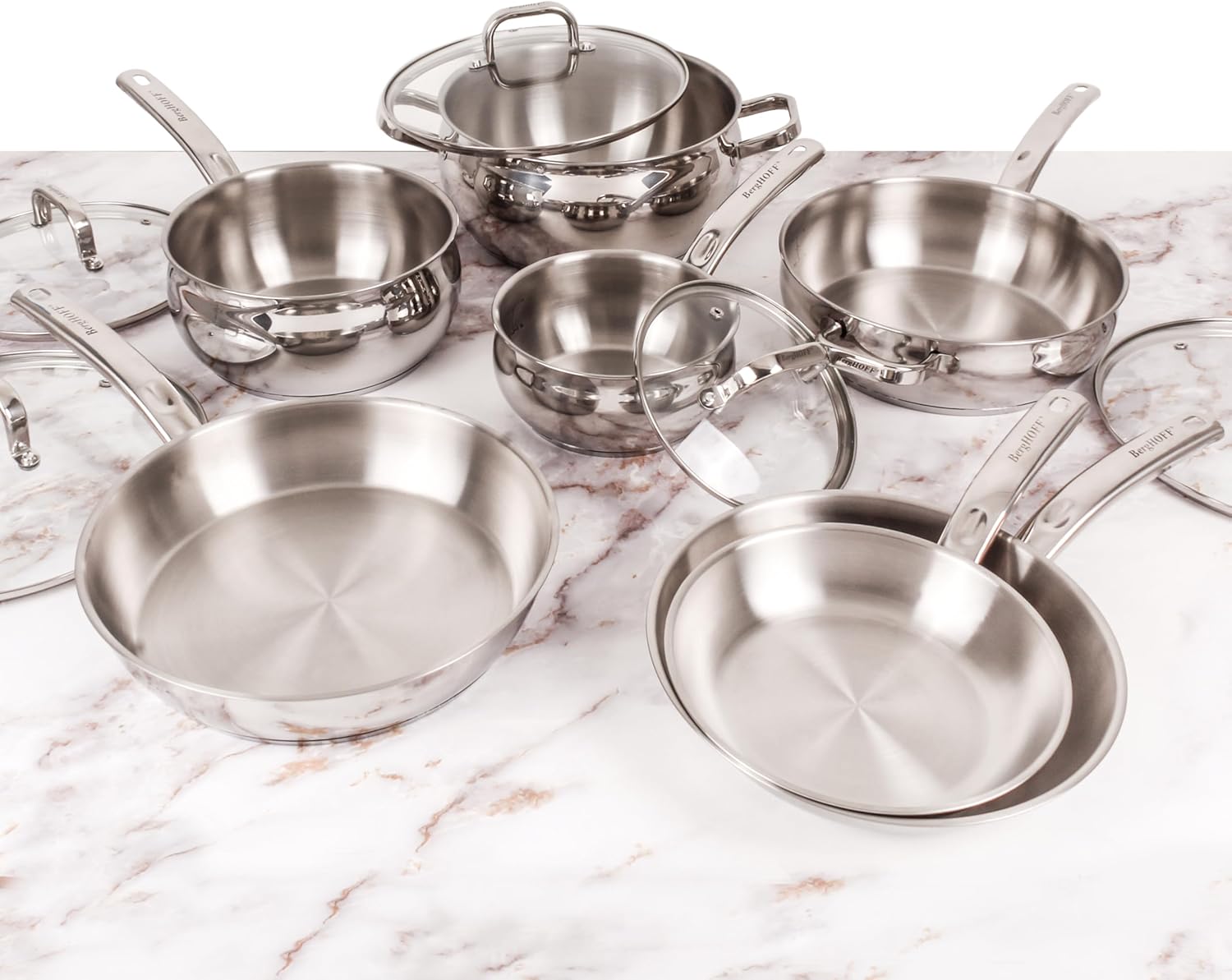 BergHOFF Belly Shape 18/10 Stainless Steel 12Pc Cookware Set, Glass Lids, Fast, Evenly Heat, Induction Cooktop Ready - Image 4
