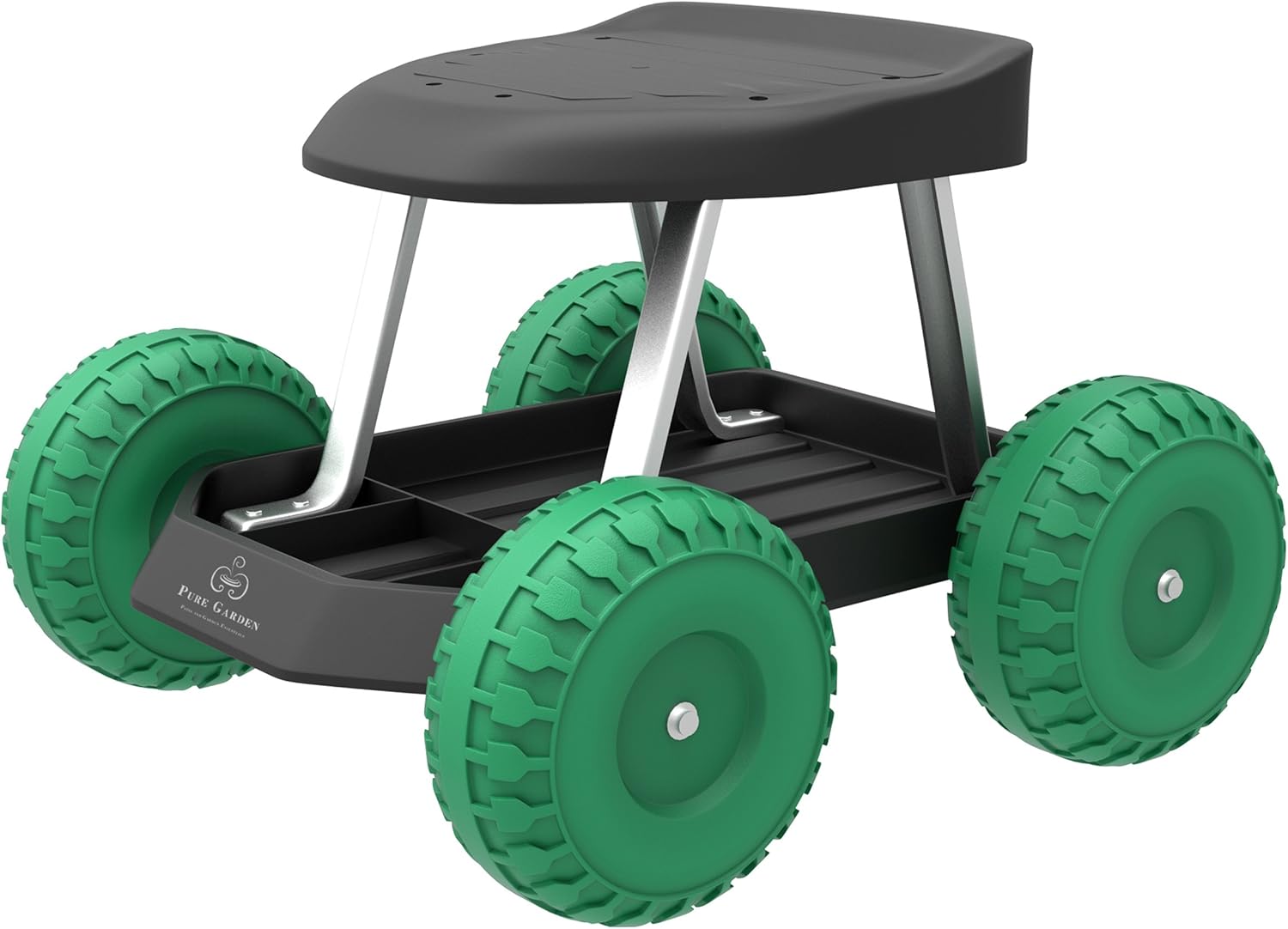 Garden Cart Rolling Stool Gardening Seat with Wheels and Tool Tray for Weeding, Planting, or Lawn Care Yard Tools by Pure Garden (Black and Green) - Image 2