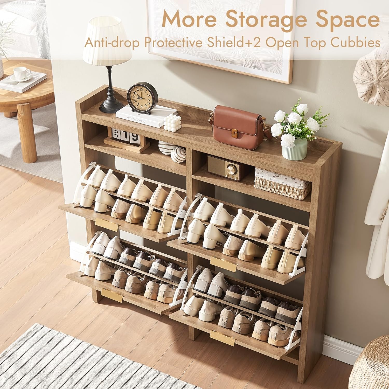 Large Rattan Shoe Storage Cabinet with 4 Flip Drawers & 2 Open Storages – Hidden Slim Shoe Organizer for Entryway, Large Tabletop Space, Farmhouse Boho Narrow Shoe Rack, Rustic Oak - Image 6
