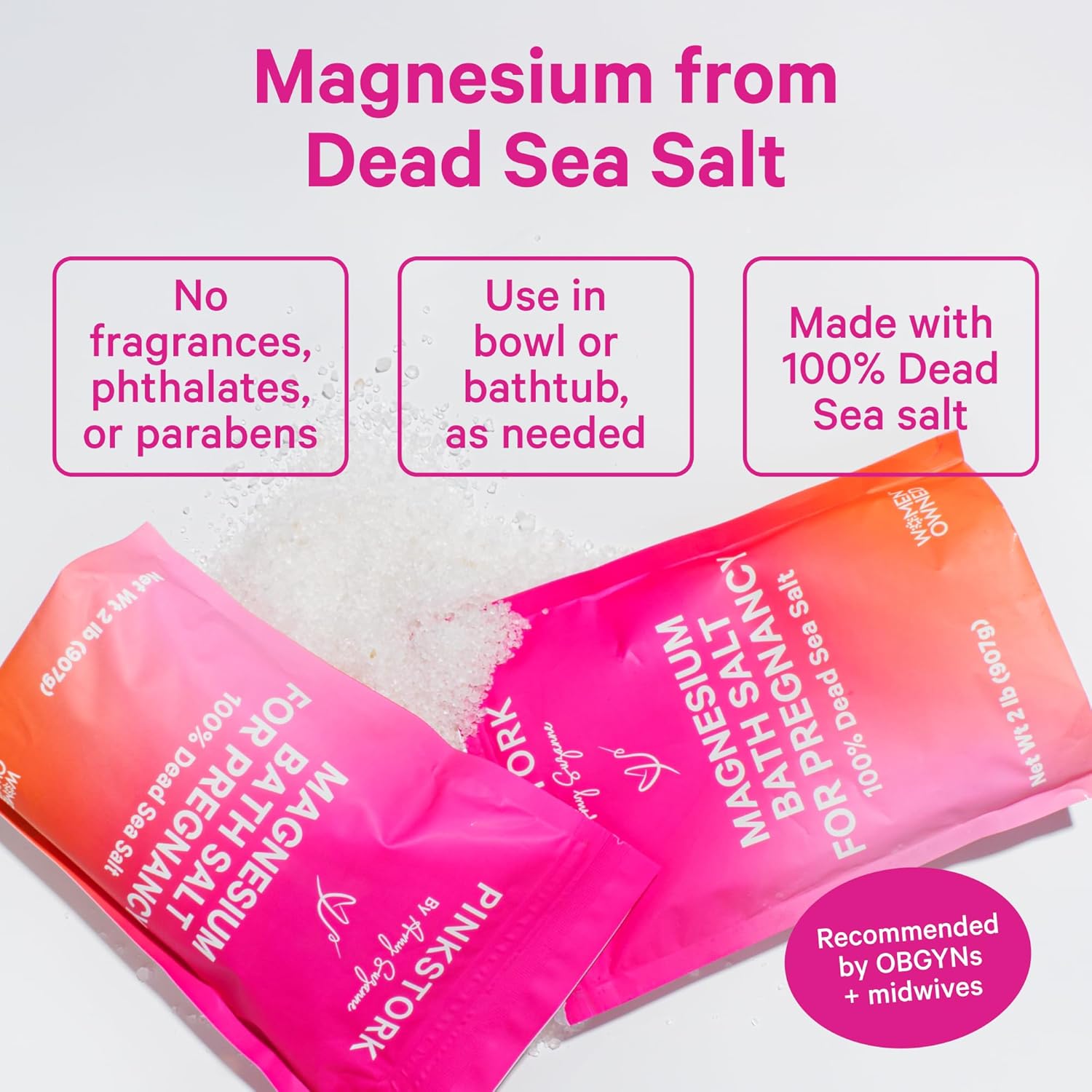 Pink Stork Pregnancy Bath Flakes: Magnesium Bath Salts for Pregnant Women, Dead Sea Salts for Soaking in Bath or Foot Soak, Pregnancy Must Haves, Unscented Without Parabens or Fragrance, 2 lbs - Image 3