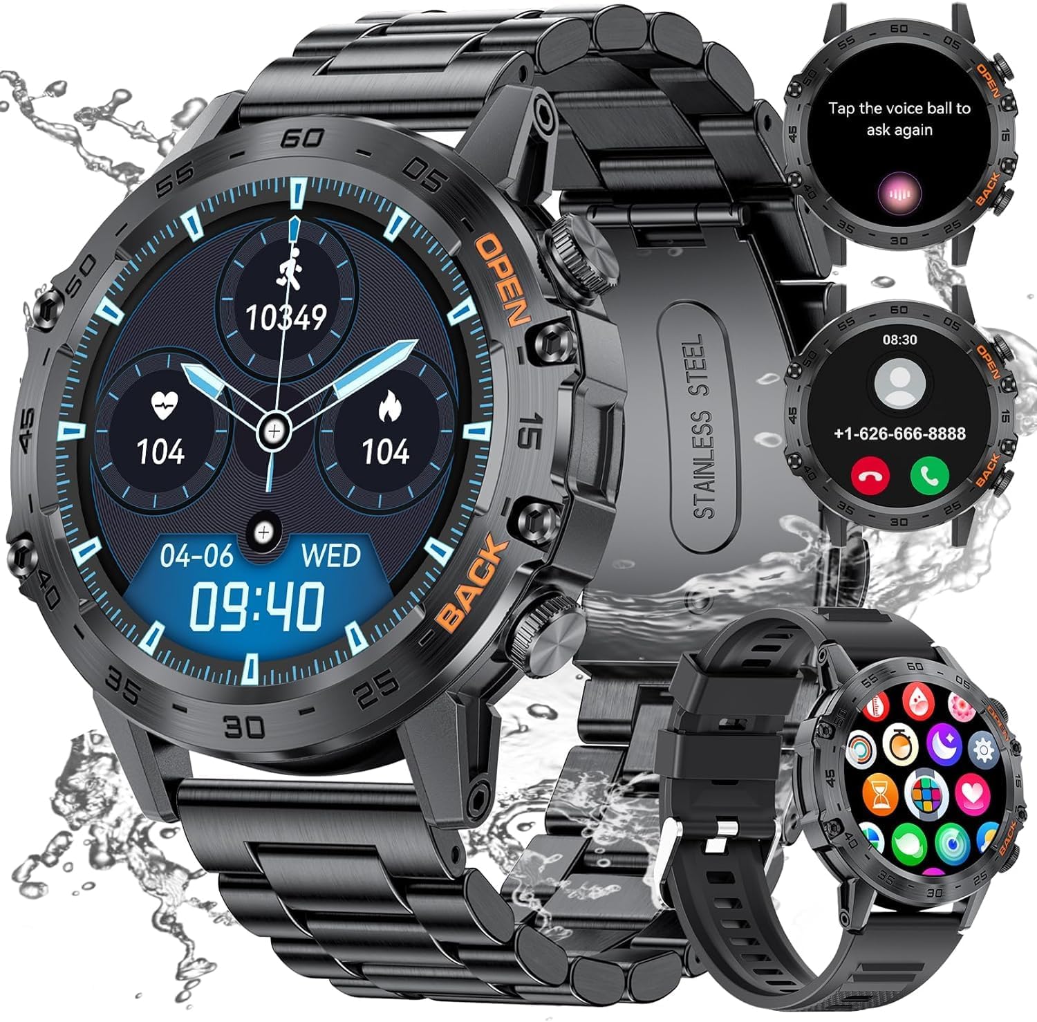 Mens Military Smartwatch Bluetooth Answer/Make Call for Android iOS Phone Long BTRY 1.39" Outdoor Sports Activity Fitness Tracker Orange Silicone Strap Music Smartwatches Health Monitor (Orange) - Image 4